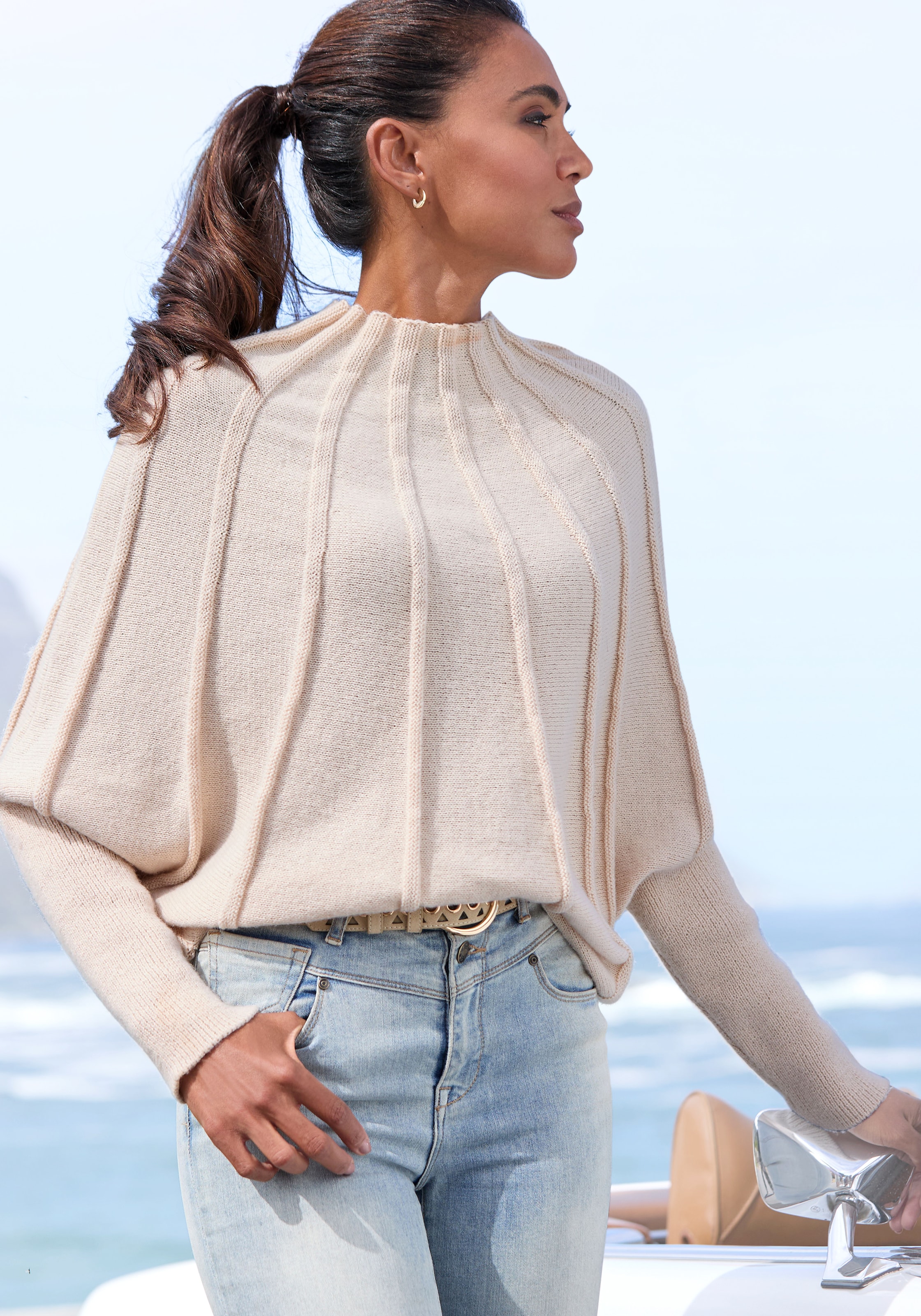 Strickpullover LASCANA, Damen, Gr. 36/38, beige, Strick, Obermaterial: 100% Polyester, unifarben, figurumspielend, Fledermausärmel, Pullover Strickpullover, mit Fledermausärmeln, modischer Damenpullover