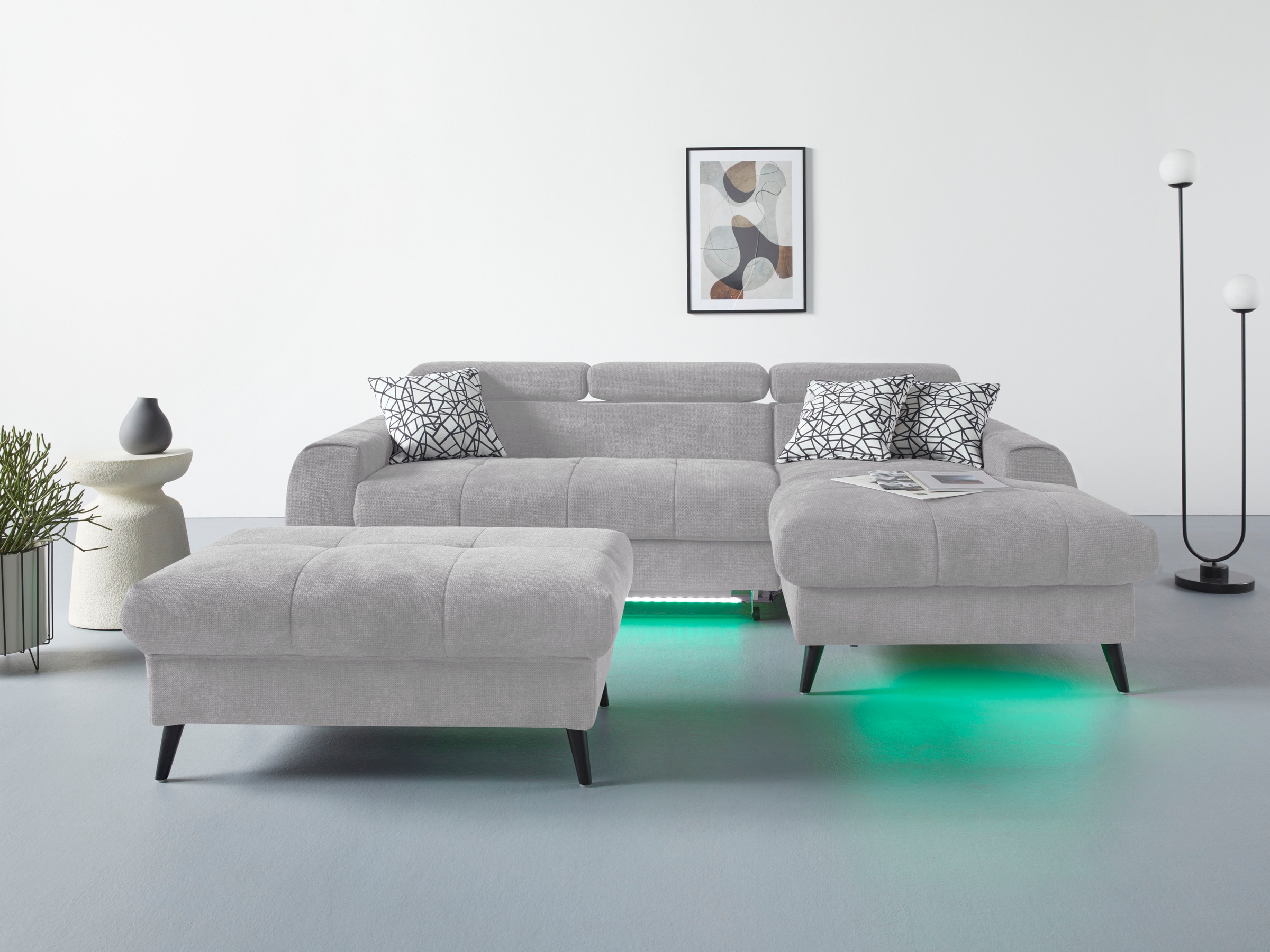 COTTA Ecksofa »Mia L-Form mit 3 Zierkissen«, wahlweise mit Bettfunktion, Bettkasten, Beleuchtung & Wireless-Charger