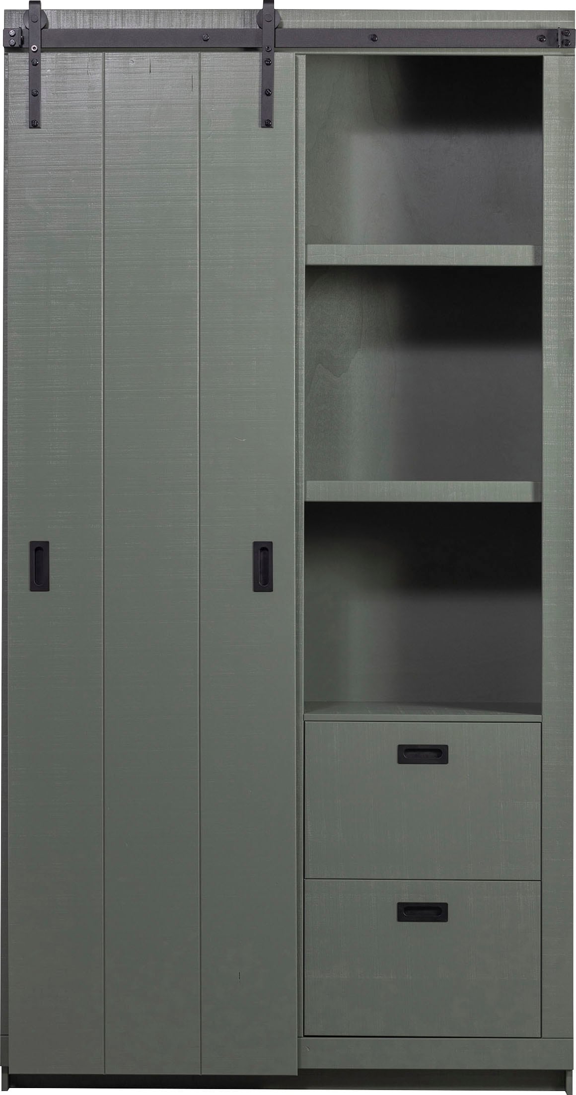 WOOOD Vitrine "Slide Barn FSC-Kiefernholz bandsägerauh, H 230 x B 122 x T 37 cm" Metallschiene für Schiebetür, lackierte Oberfläche, pfleigleicht