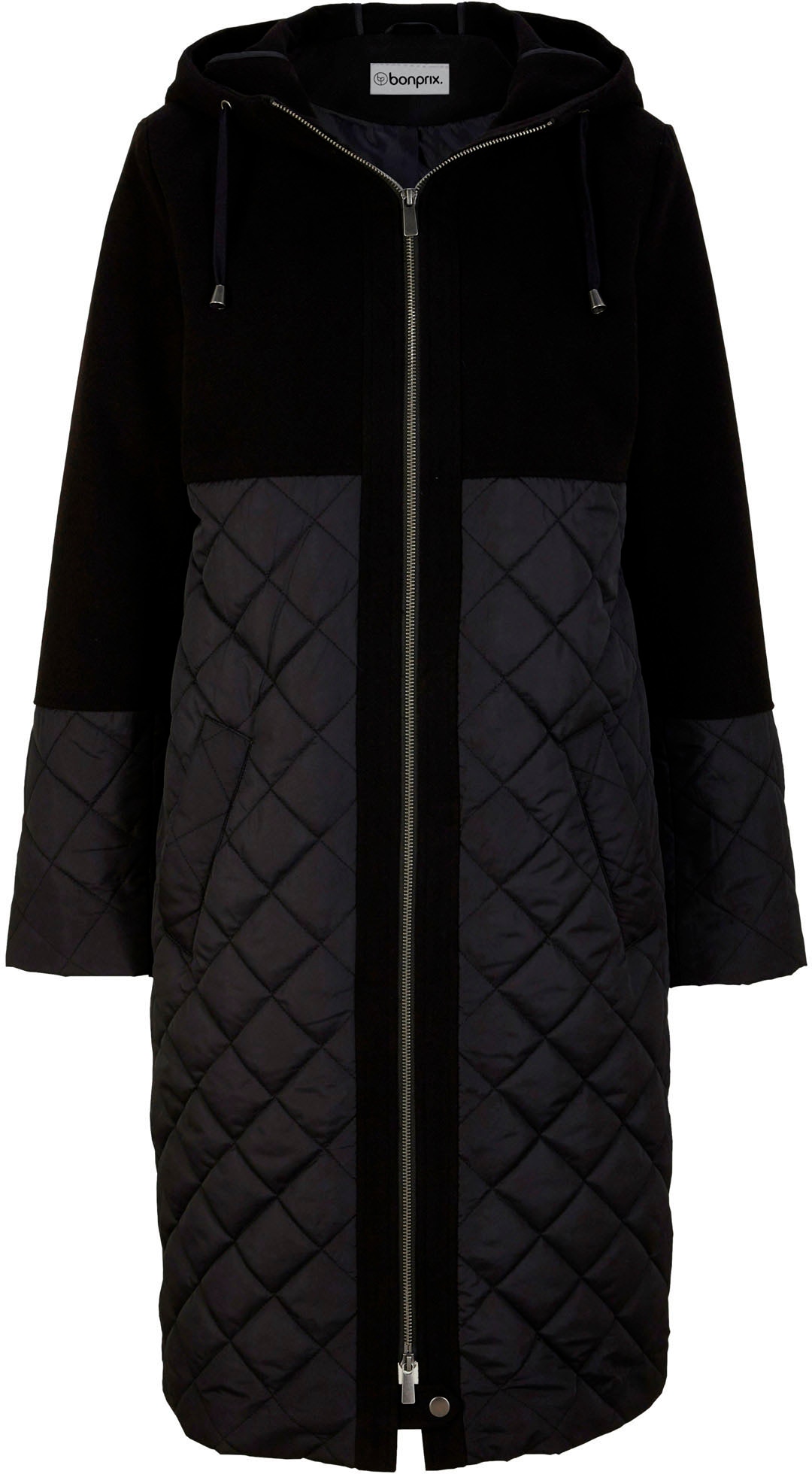 bonprix Wintermantel Materialmix, lockere Passform, mit Kapuze, Riegel-Detail am Saum