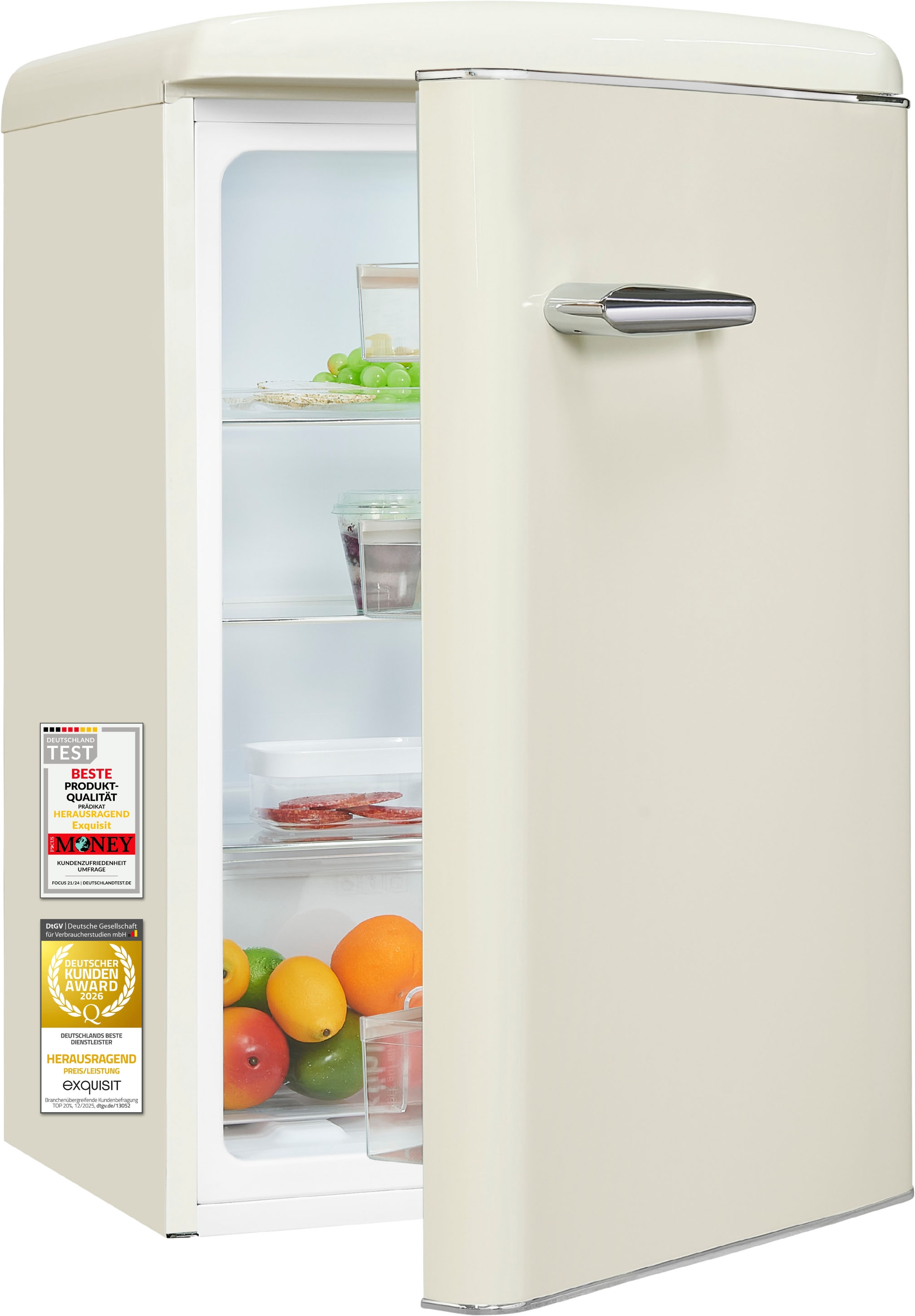 exquisit Kühlschrank "RKS120-V-H-160C magnolienweiss" 89,5 cm hoch 54,5 cm breit LED-Beleuchtung, verstellbare Glasböden, Retro-Design