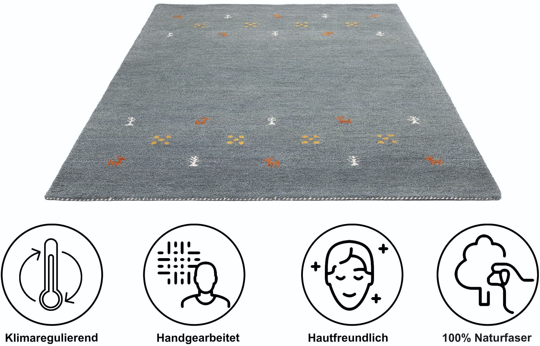Wollteppich THEKO "Gabbeh Motiv, Handgefertigt, Teppich, Tiermotiv, reine Wolle" Gr. 3, blau (hellblau, grau), B:120cm H:14mm L:180cm, Wolle, Teppiche, reine Wolle, Wohnzimmer, Schlafzimmer, Esszimmer 2
