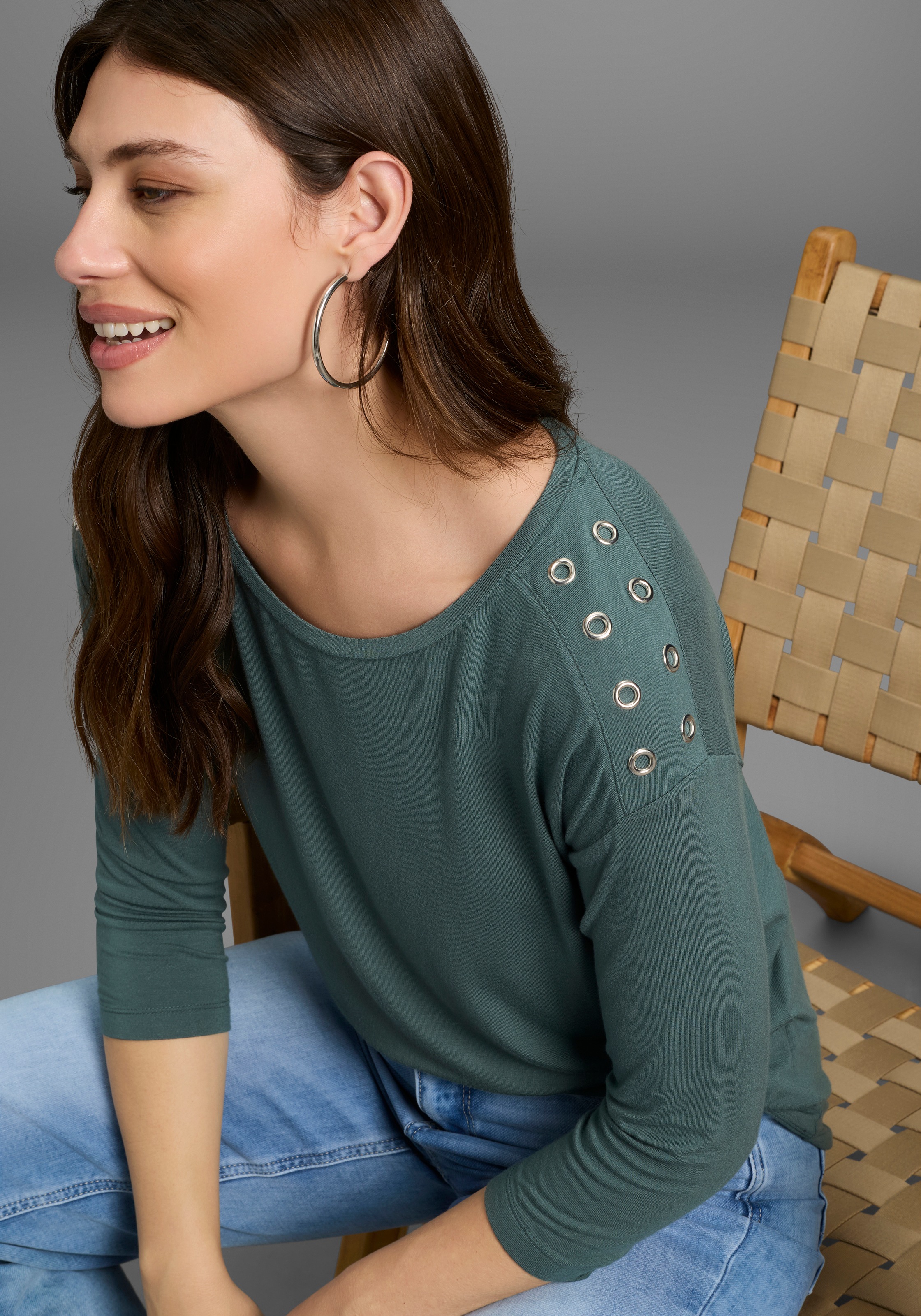 3/4-Arm-Shirt LAURA SCOTT, Damen, Gr. 36/38, balsam grün, Jersey, Obermaterial: 95% Viskose, 5% Elasthan, unifarben, figurumspielend hüftbedeckend, U-Boot-Ausschnitt, Shirts 3/4-Arm-Shirt, mit Metall-Ösen auf der Schulter 2