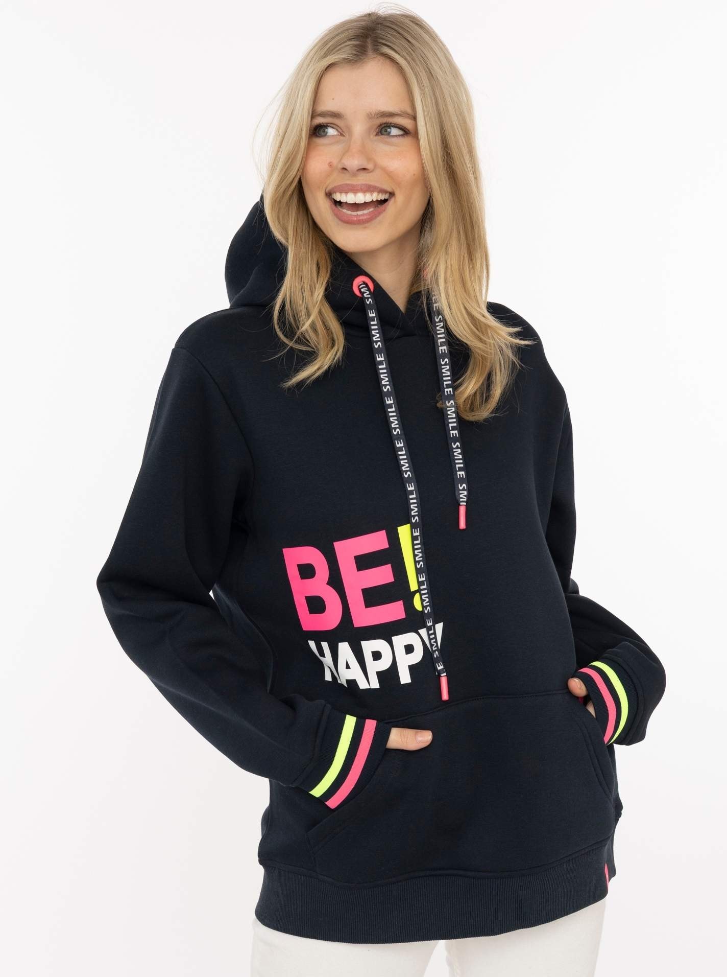 Zwillingsherz Hoodie »"Be Happy!"«, gestreifte Bündchen, Aufdruck auf Brust, Kapuze, Kängurutasche
