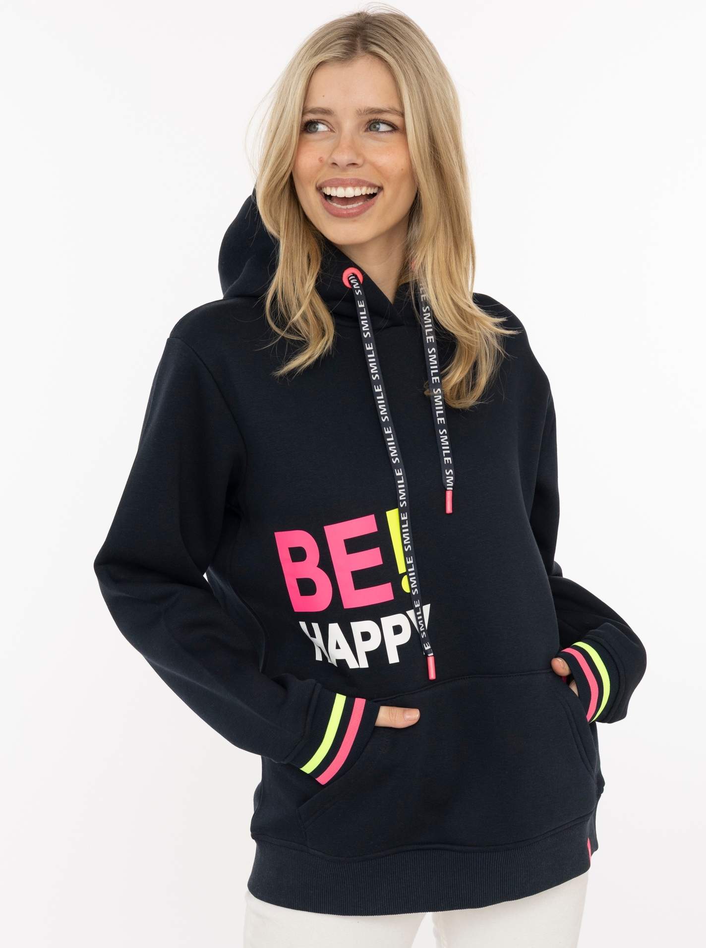 Zwillingsherz Hoodie ""Be Happy"", gestreifte Bündchen, Aufdruck auf Brust, Kapuze, Kängurutasche
