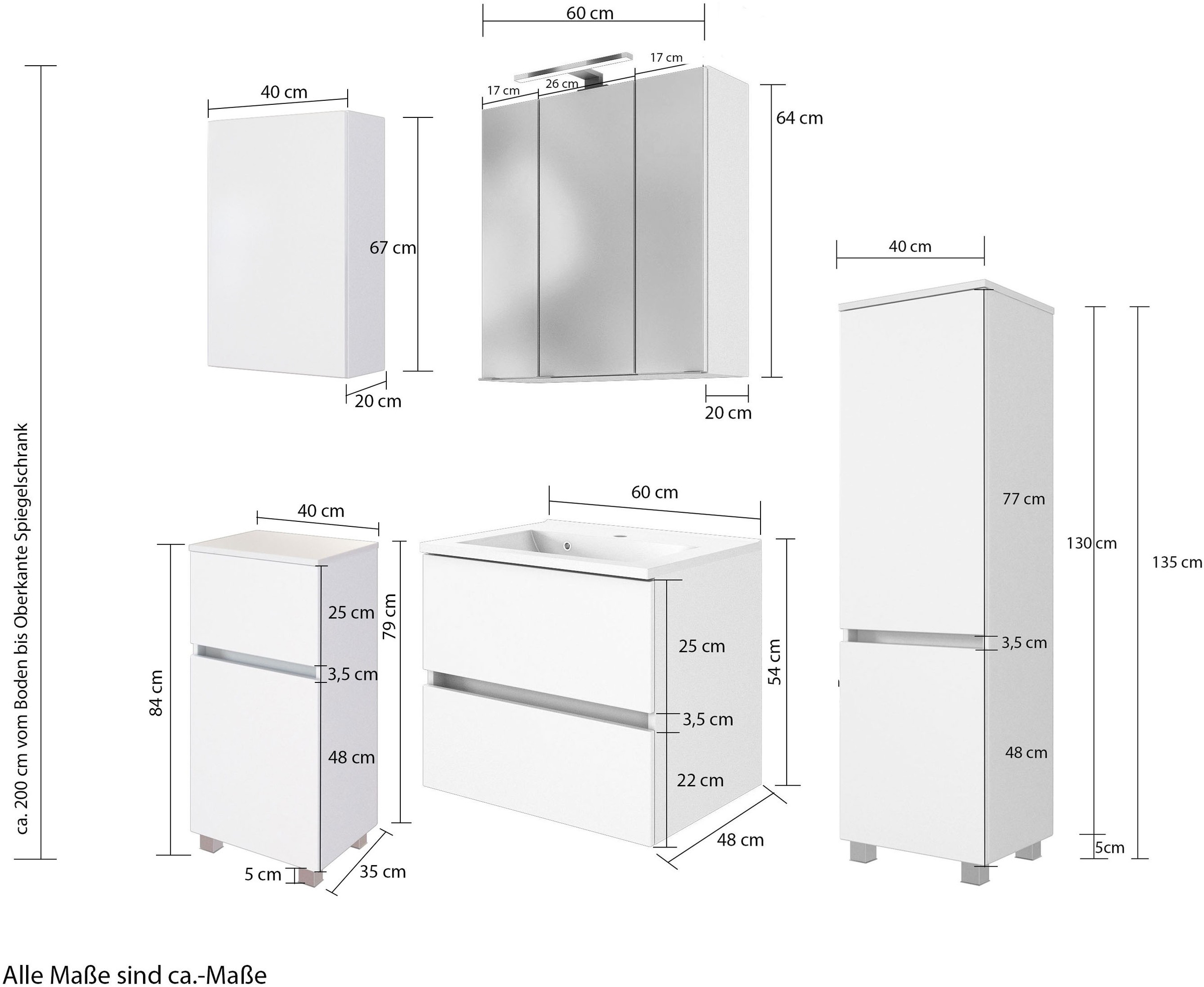 welltime Badmöbel-Set »Welltime Möbel Baabe Waschtisch-Set 3tlg. oder 5tlg.«, (5 St.), gedämpfte Scharniere und Softclose-Funktion, inklusive LED-Beleuchtung