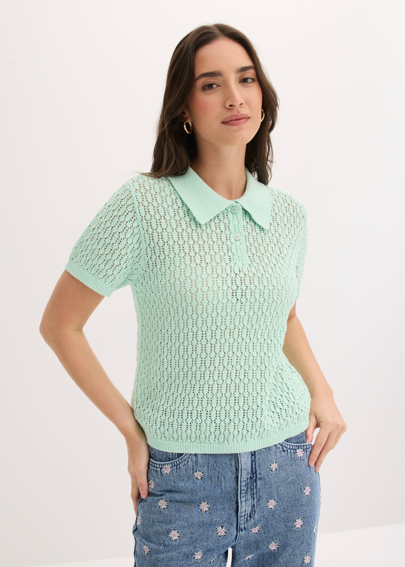 bonprix 1100000002199 aus reiner Baumwolle, bequeme Passform, mit Ajour-Strickmuster