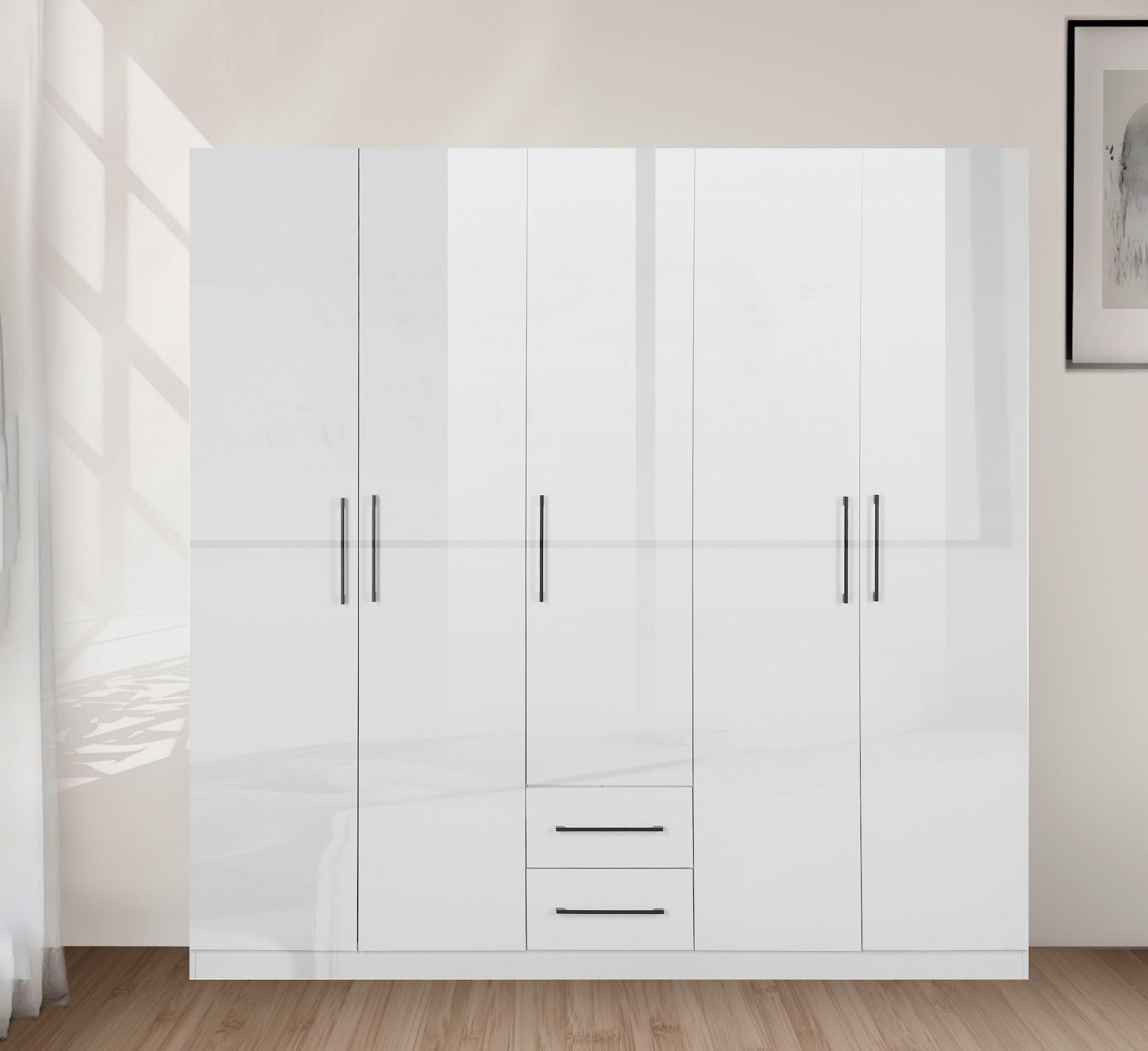 INOSIGN Kleiderschrank »Sylt Schlafzimmerschrank Garderobe Schrank TOPSELLER in hochglanz weiß«, (5 Türen, 2 Schubladen, schwarze moderne Griffe, 7 Einlegeböden), Drehtürenschrank mit perfekter Innenausstattung, Breite 200cm