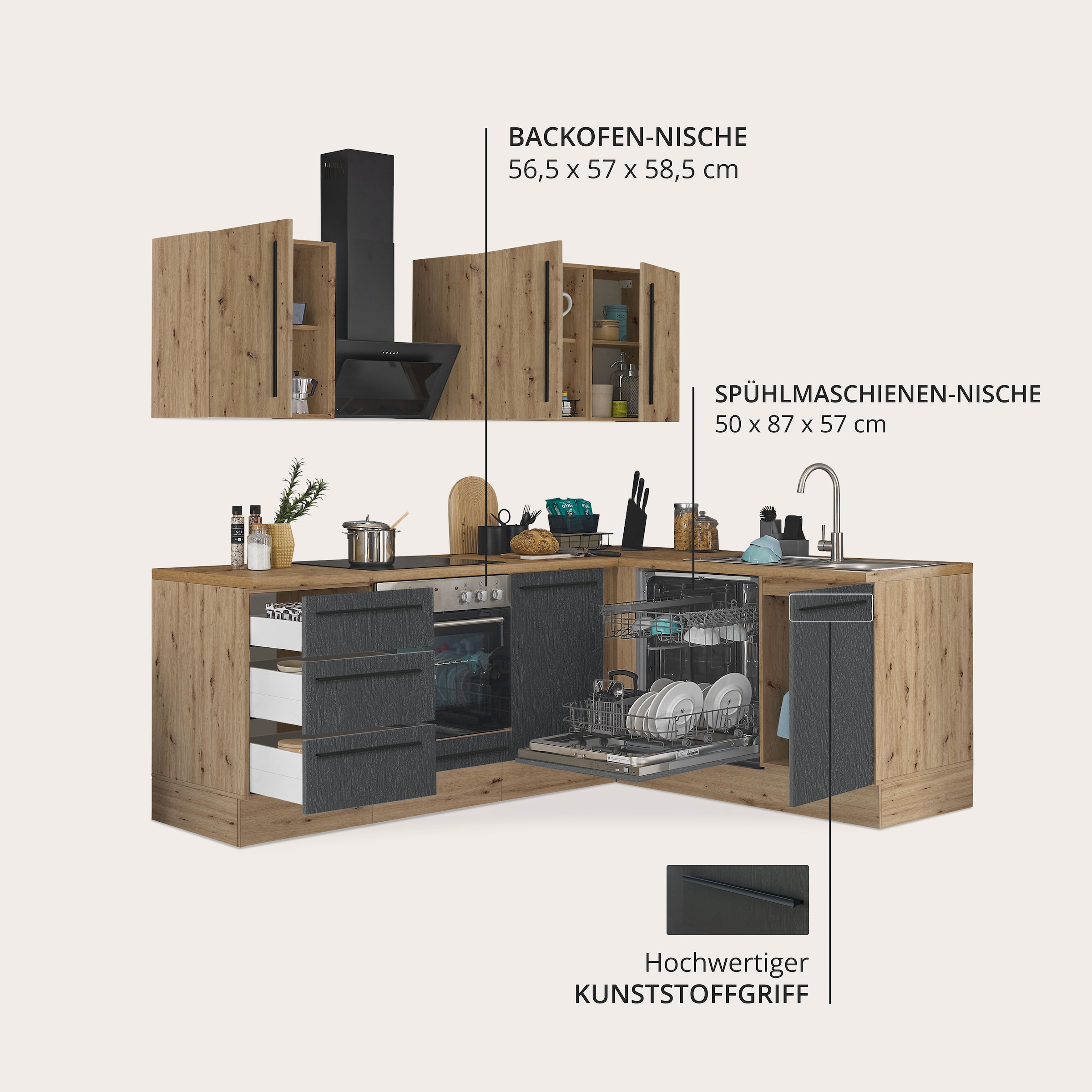 KOCHSTATION Winkelküche »Florida, Stellbreite 220x175 cm« wahlweise mit E-Geräten, mit Softclose für Türen und Schubkästen