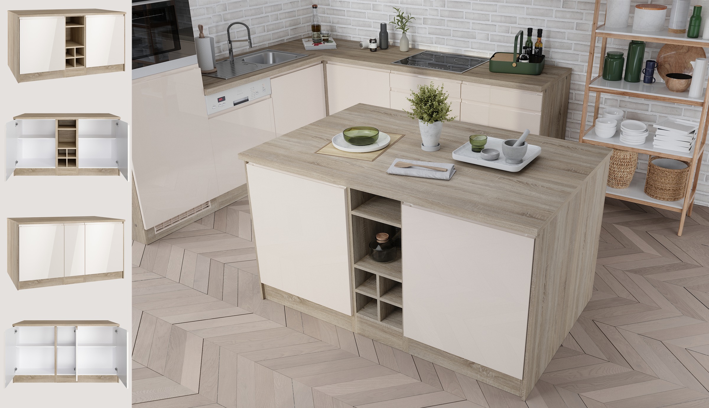 KOCHSTATION Kücheninsel »KS-Virginia« Breite 153 cm, MDF-Fronten, Flaschenregal