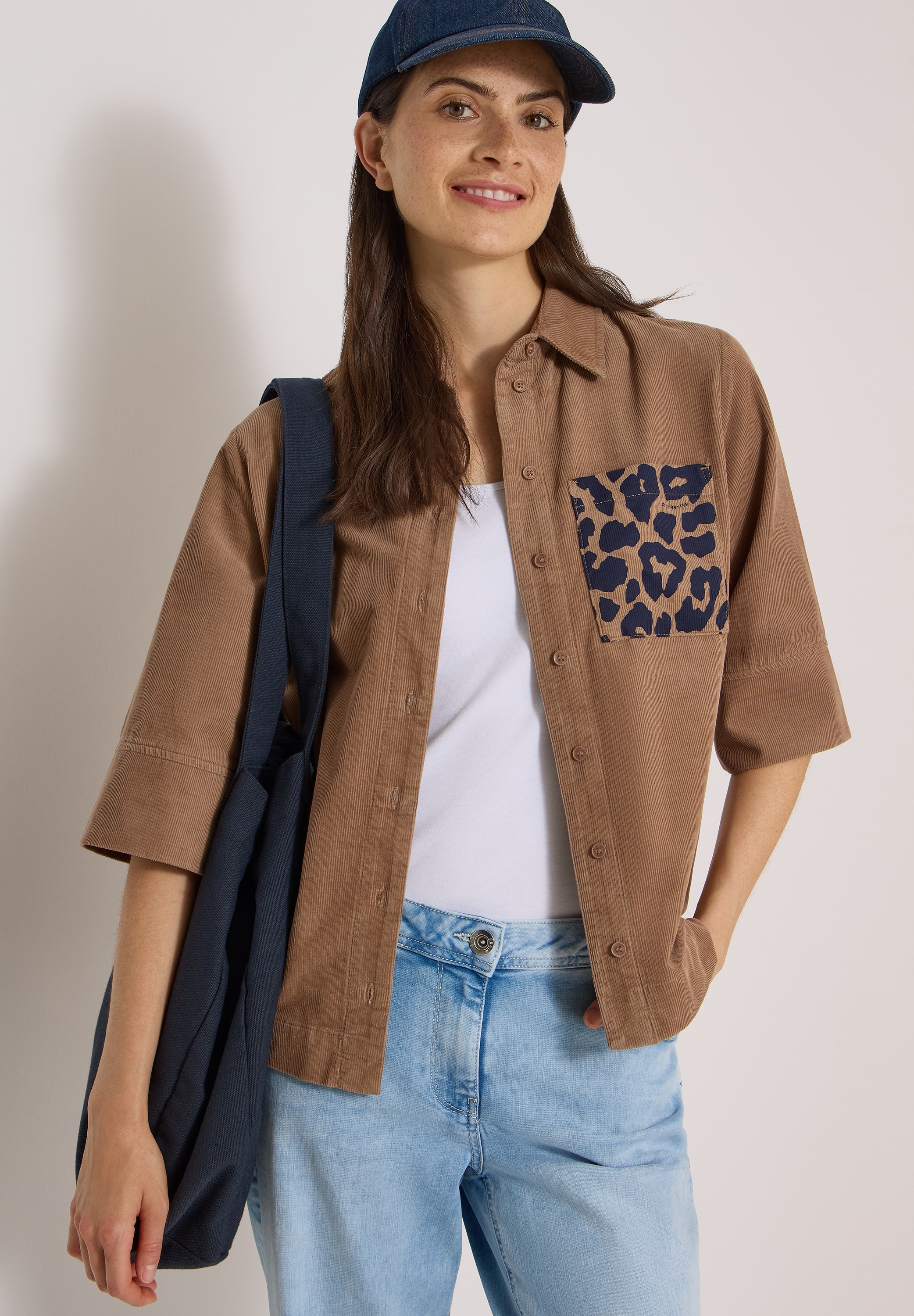 Cecil Kurzarmbluse Sommerbluse aus Cord mit Leo-Brusttasche