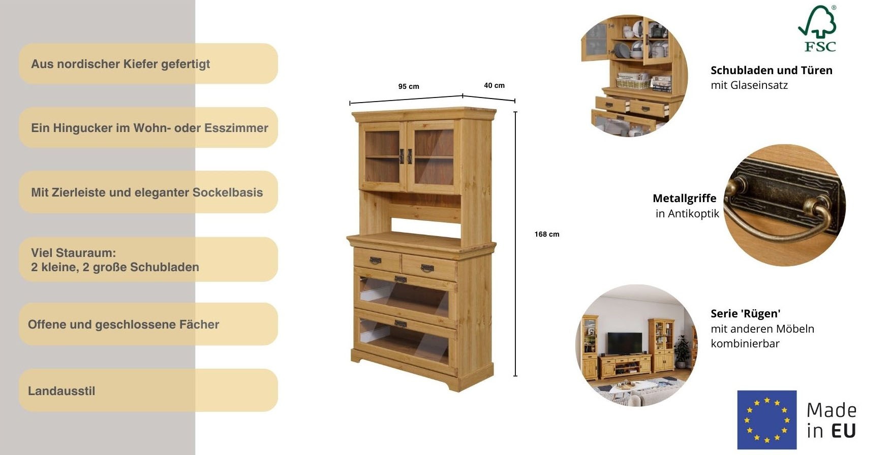 Home affaire Buffet »Rügen«, zertifiziertes Massivholz, Höhe 168 cm, im Landhausstil