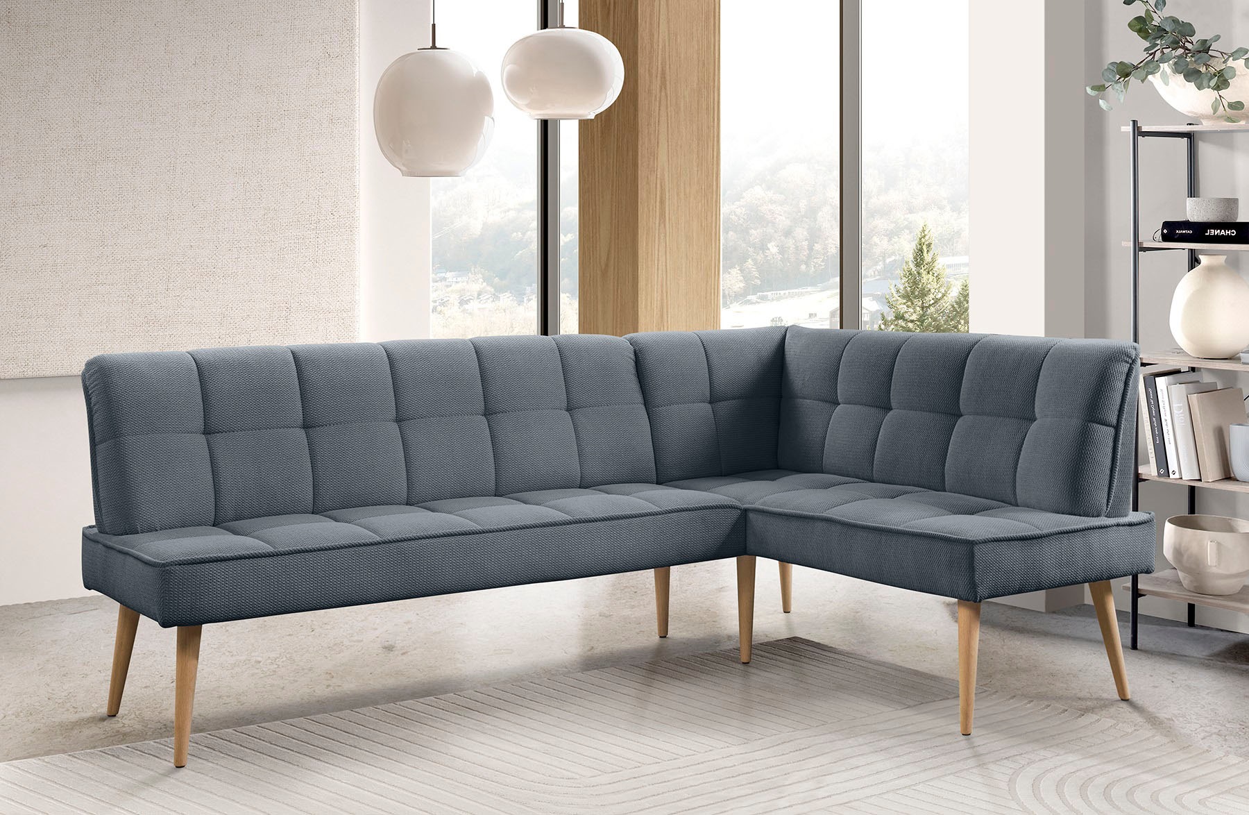 Eckbank EXXPO - SOFA FASHION "Latte", antrazith, B:234cm H:95cm T:156cm, 94% PES, 6% NY, Sitzbänke, Eckbank, moderne Sitz- und Rückensteppung, bequem und elegant, hoher Holzfuß