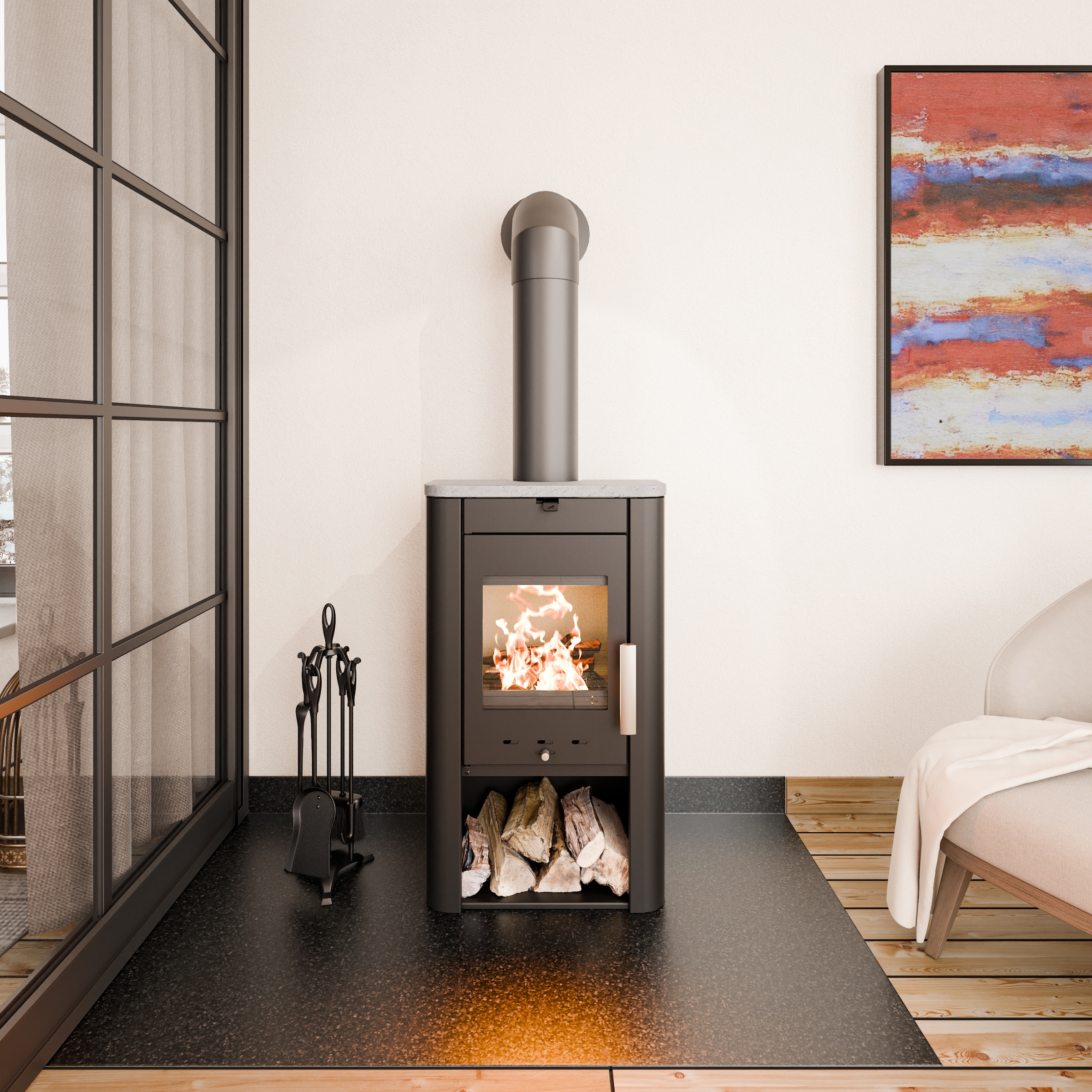 Haas + Sohn Kaminofen »PRUNUS II Stein tief-schwarz, Serpentino mit Holzfach«