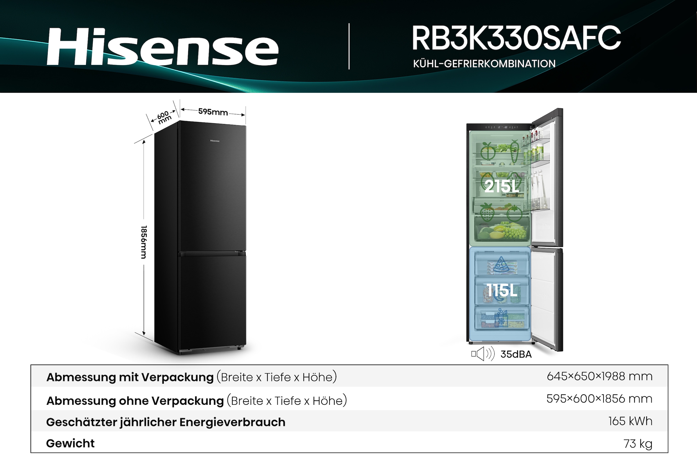 Hisense Kühl-/Gefrierkombination »RB3K330SAFC« 185,6 cm hoch 59,5 cm breit Total NoFrost