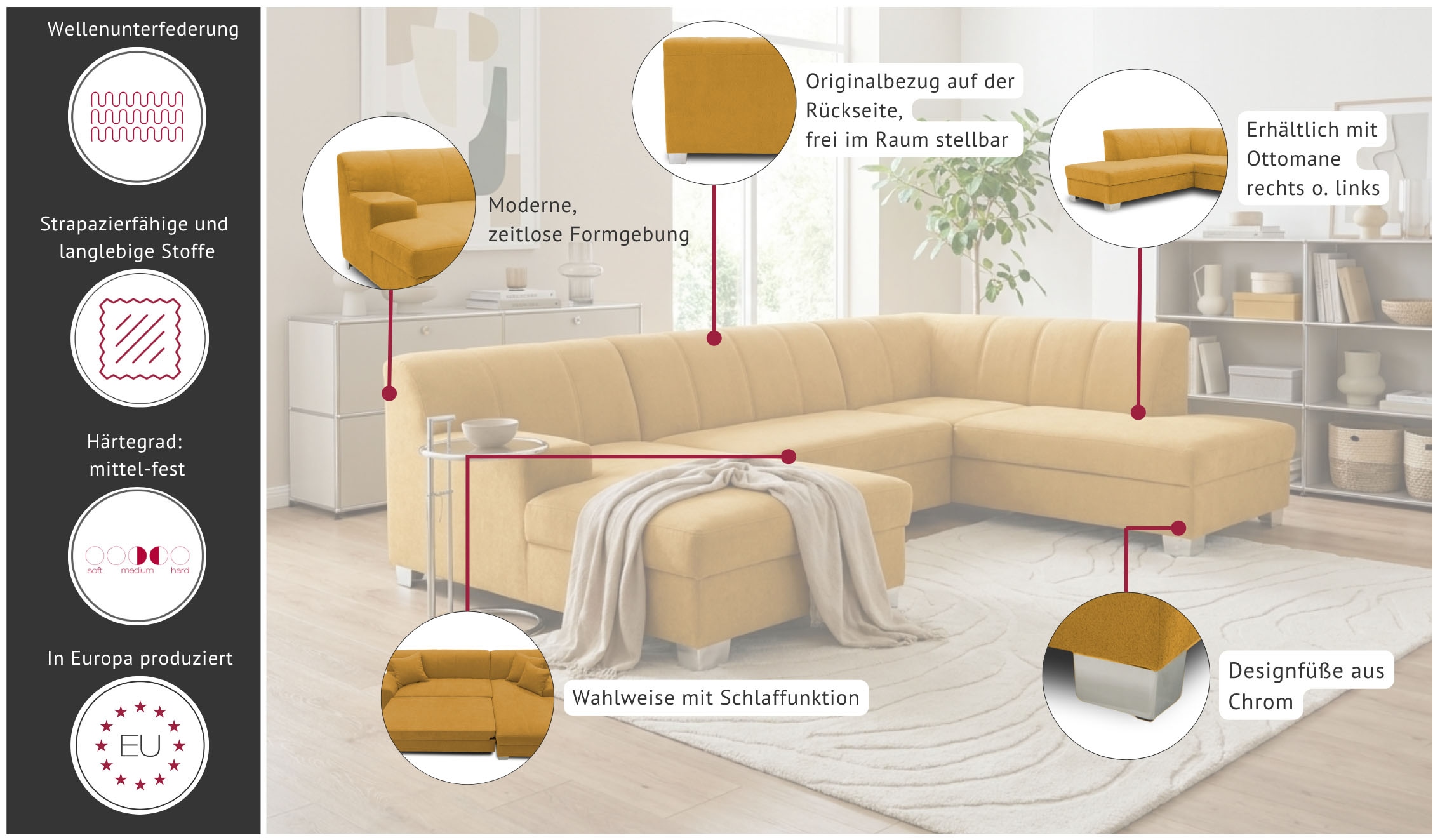 OTTO home Wohnlandschaft »Lolland BxT: 296x195 cm, modern, mit Steppungen, mittel-fester Sitz« U-Form, aus pflegeleichtem, weichem Luxus-Microfaser