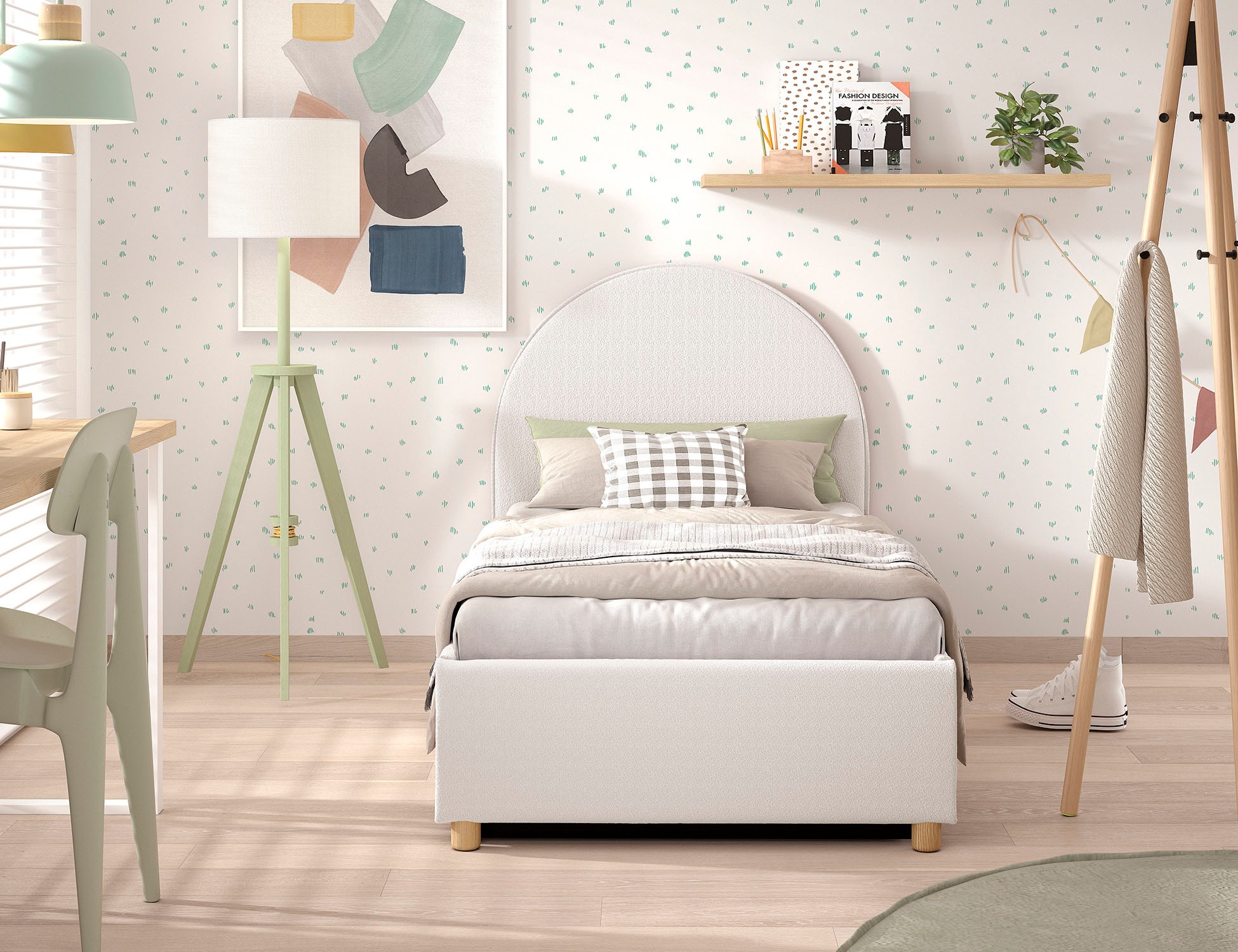 Vipack Boxbett »Moon, mit Lattenrost und Stauraum, modernes Design«, (gerundetes Kopfteil und in 2 Breiten erhältlich), inkl. Massivholz Füßen in natur, 3 Stoff Farben zur Auswahl