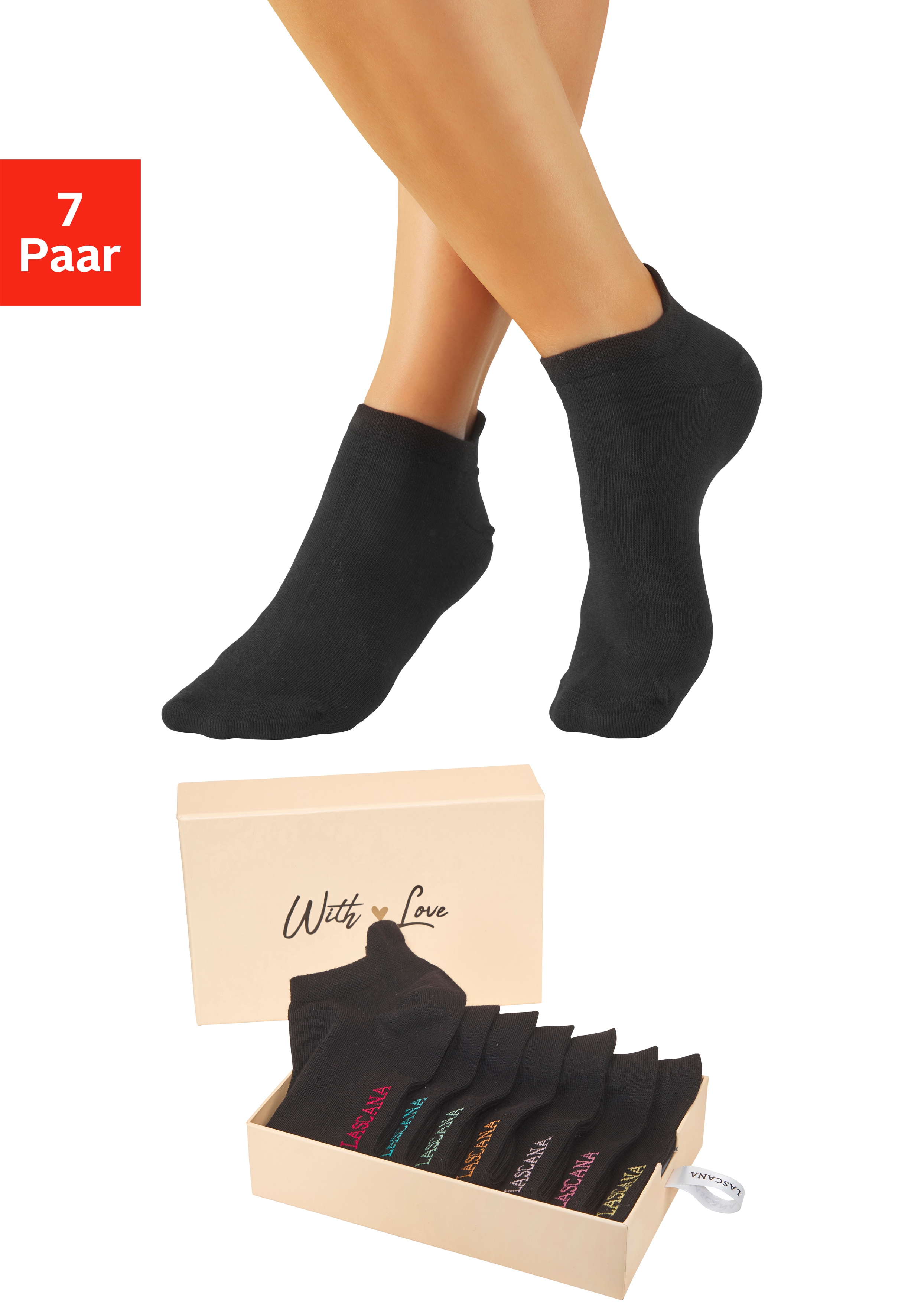 LASCANA Sneakersocken "für Damen mit eingestricktem Markenlogo" Box, Box, 7 Stk. tlg. in ansprechender Geschenkbox