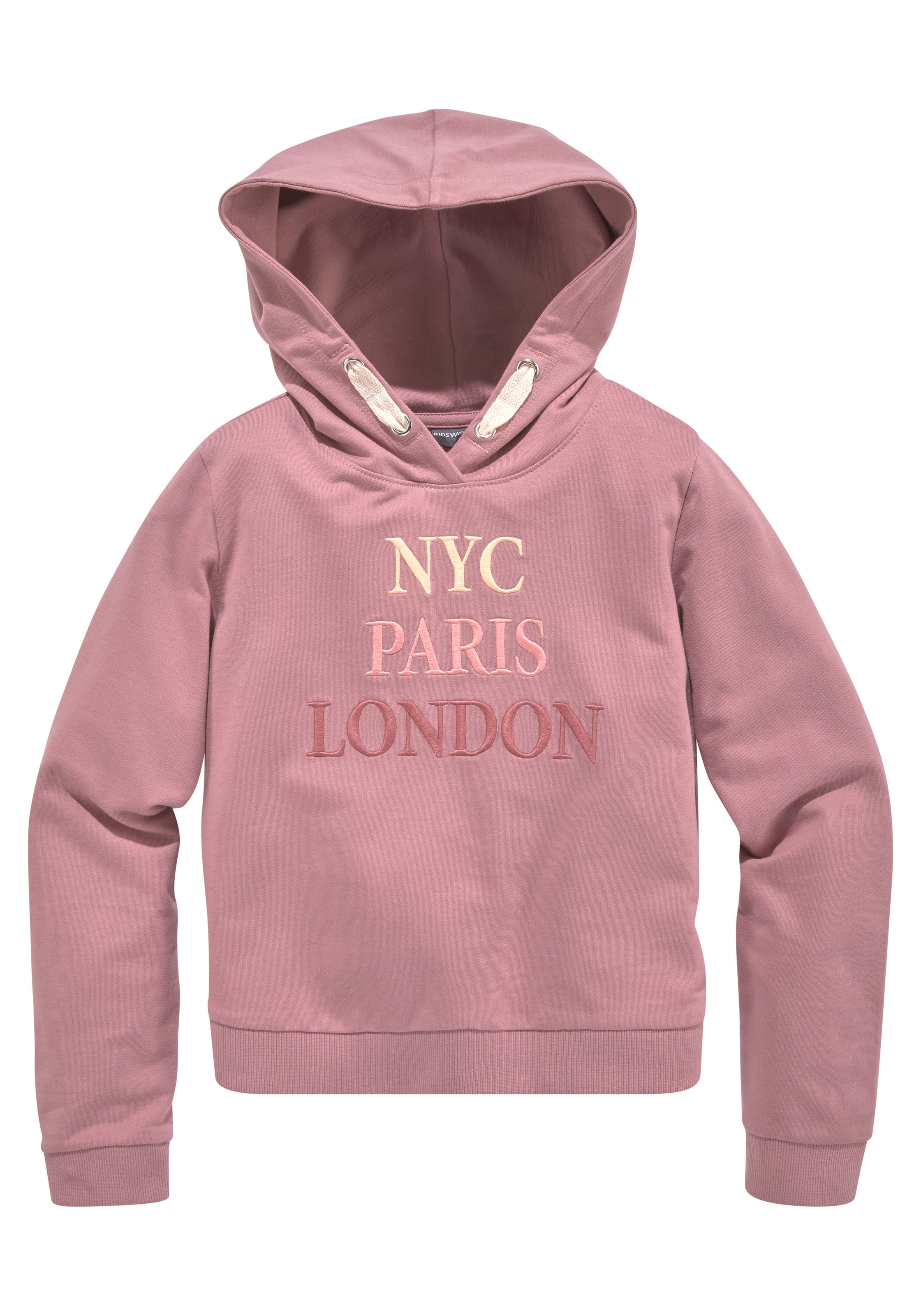 KIDSWORLD Kapuzensweatshirt »NYC Paris London«, Langarm, gerade Passform, bedruckt, Kapuze, aus Baumwolle