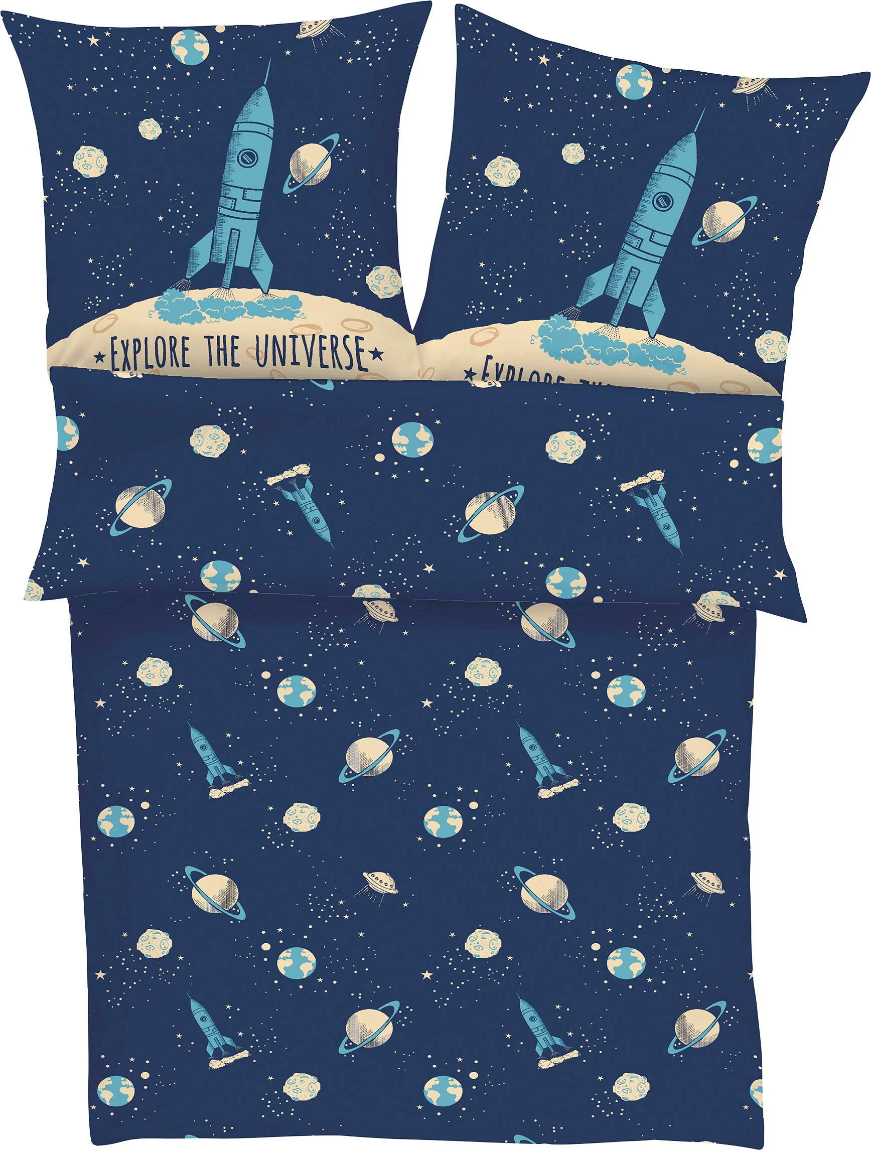 s.Oliver Junior Kinderbettwäsche »Explore the Universe«, (2 tlg.), mit Weltraum Motiv, 100% Baumwolle, mit Reißverschluss