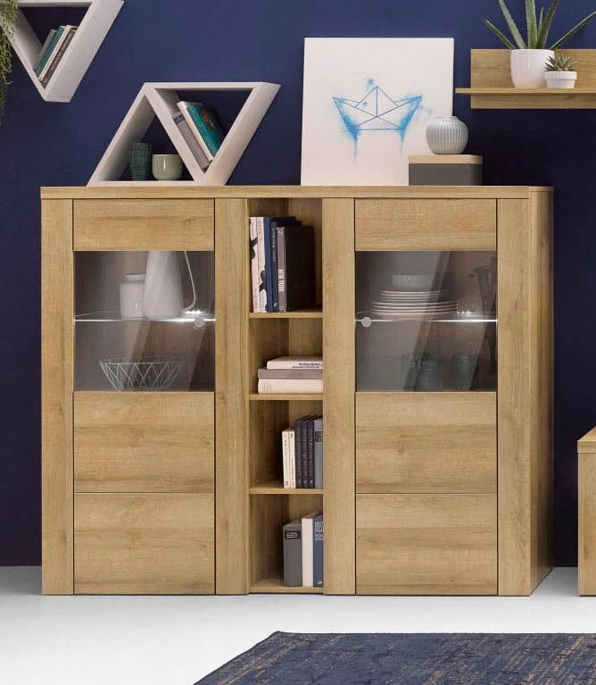 Home affaire Highboard »Larona, zeitlose Hochkommode mit 2 Türen, Türkommode, Höhe 129,5 cm,«, Anrichte mit dekorative Rahmenoptik, Türen mit Glaseinsatz