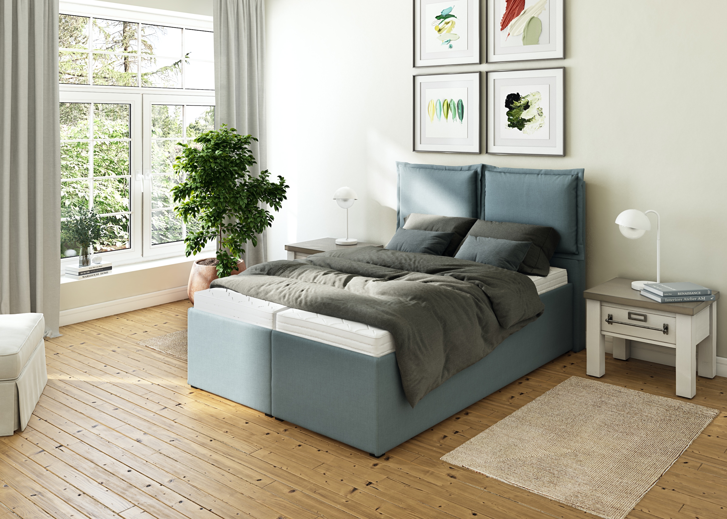 Polsterbett MAINTAL "Lyara", blau (petrol), B:147cm L:215cm, Struktur fein (100% Polyester), Betten, Polsterbett, wahlweise ohne Matratze oder mit 3 Matratzenarten zur Auswahl