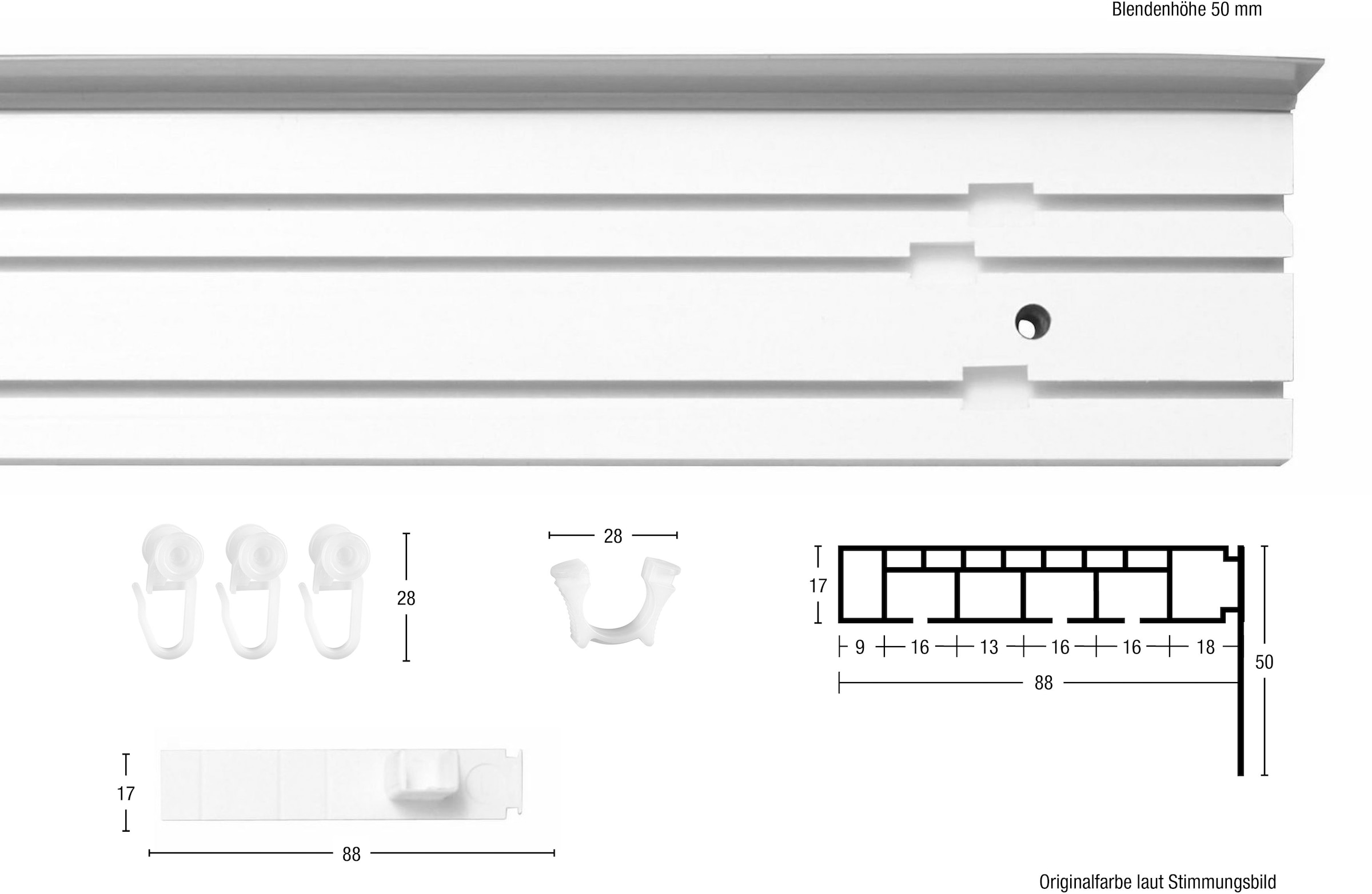 GARESA Gardinenschiene "Kunststoffschiene mit Blende", 3 läufig-läufig, Wunschmaßlänge, Deckenmontage, verlängerbar, ein