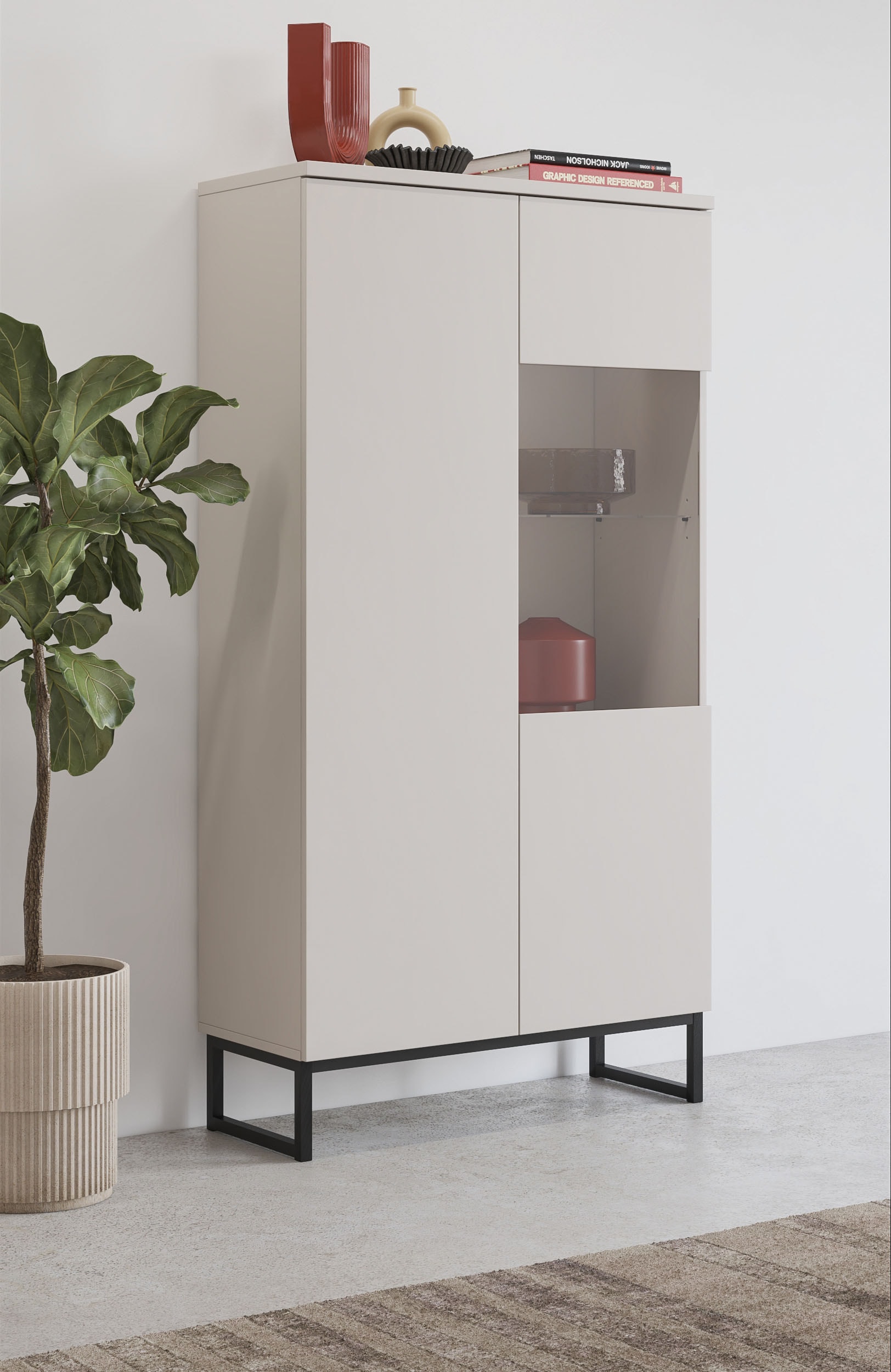 OTTO home Vitrine "Modo II, Breite 80 cm, moderner griffloser Vitrineschrank" Vitrine viel Stauraum, Einlegeböden verstellbar, Glastür, Metallkufen
