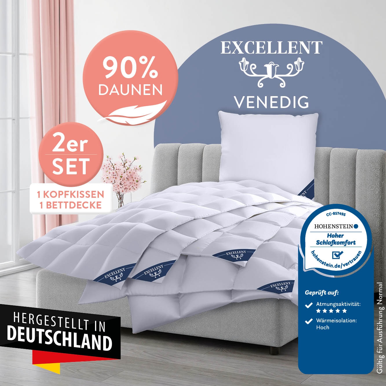 Excellent Daunenbettdecke + 3-Kammer-Kopfkissen "Venedig, 2-tlg, hergestellt in Deutschland, verschiedene Größen" Decke mit Kissen,Set, Sommer, Winter, Bettdecke 135x200 cm, 155x220 cm
