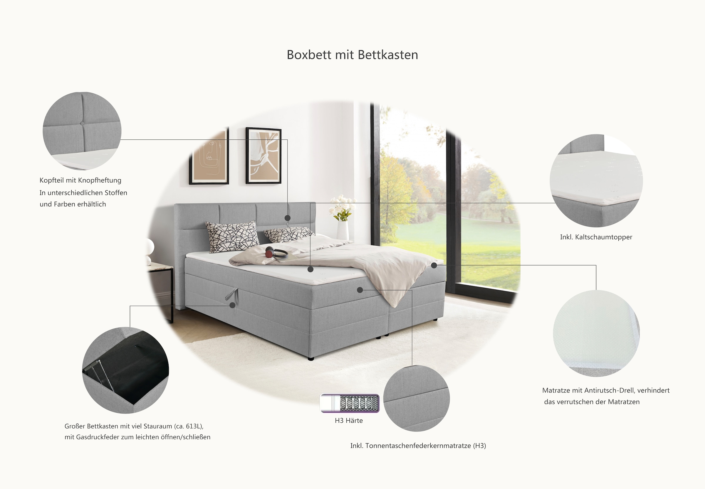 INOSIGN Boxbett »Fillmore inkl. Bettkasten, Liegefläche 180x200 cm, in Boxspring-Optik«, inkl. Topper, erhältlich in verschiedenen Farben