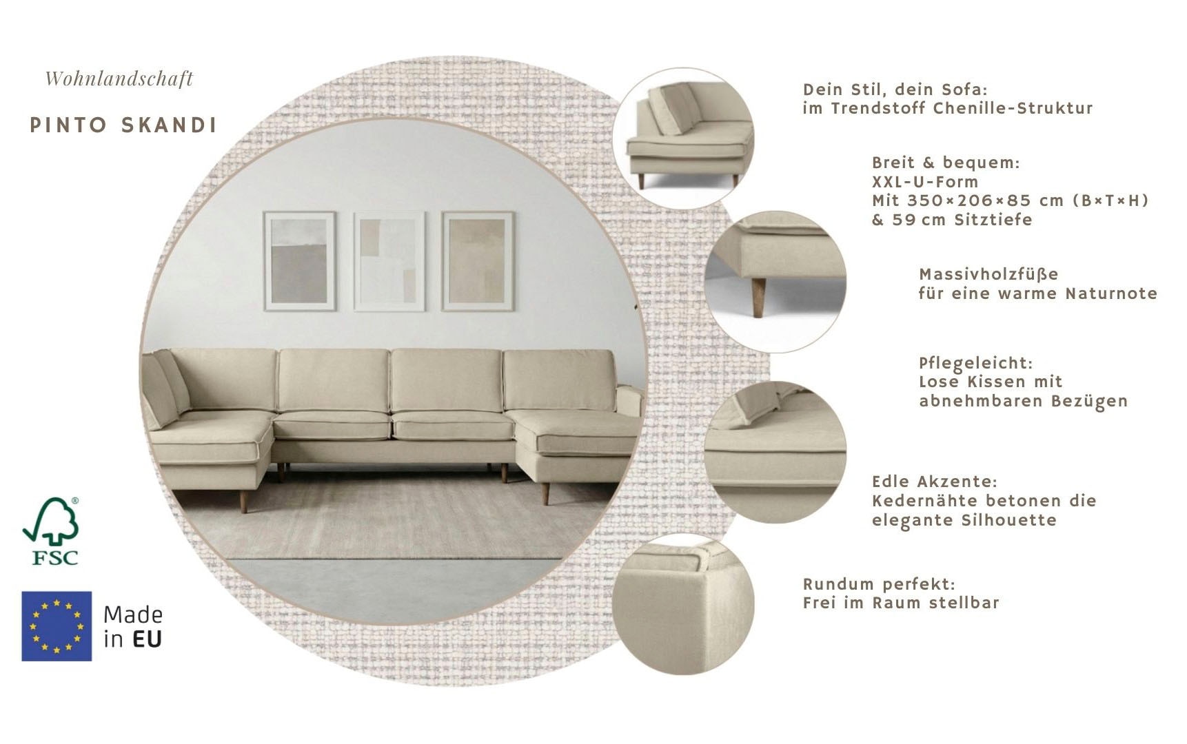 Home affaire Wohnlandschaft »Pinto Skandi, 350 cm, U-Form, XXL, mit Ottomanen« mit Keder, Massivholzfüße Eiche geräuchert, Wellenunterfederung