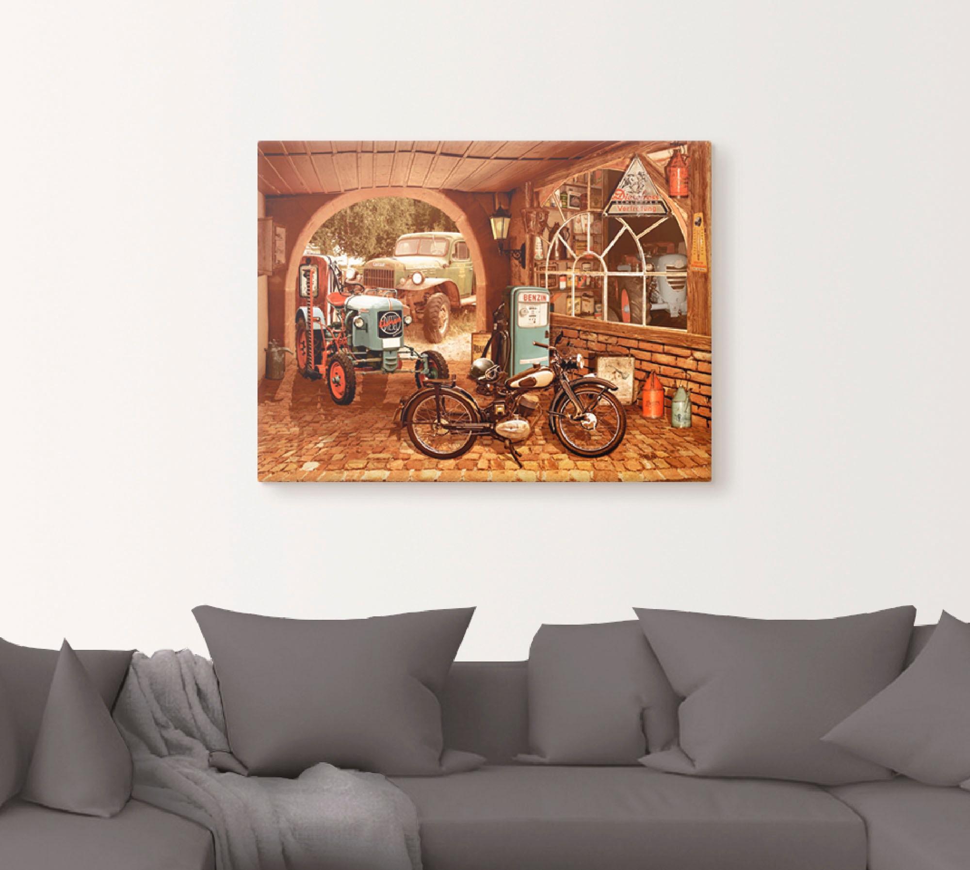 Artland Wandbild "Werkstatt mit Traktor und Motorrad" Traktoren 1 Stk. tlg. günstig online kaufen