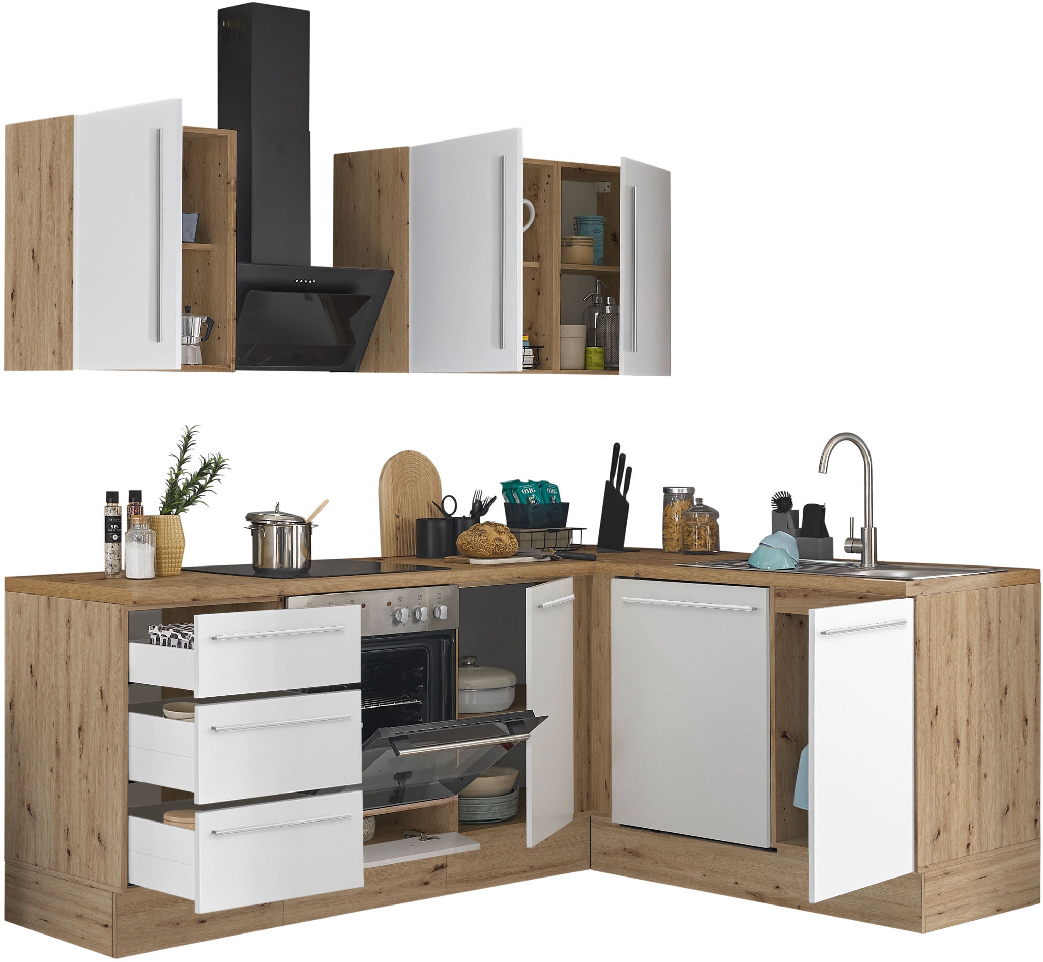 KOCHSTATION Winkelküche »Florida, Stellbreite 220x175 cm«, wahlweise mit E-Geräten, mit Softclose für Türen und Schubkästen
