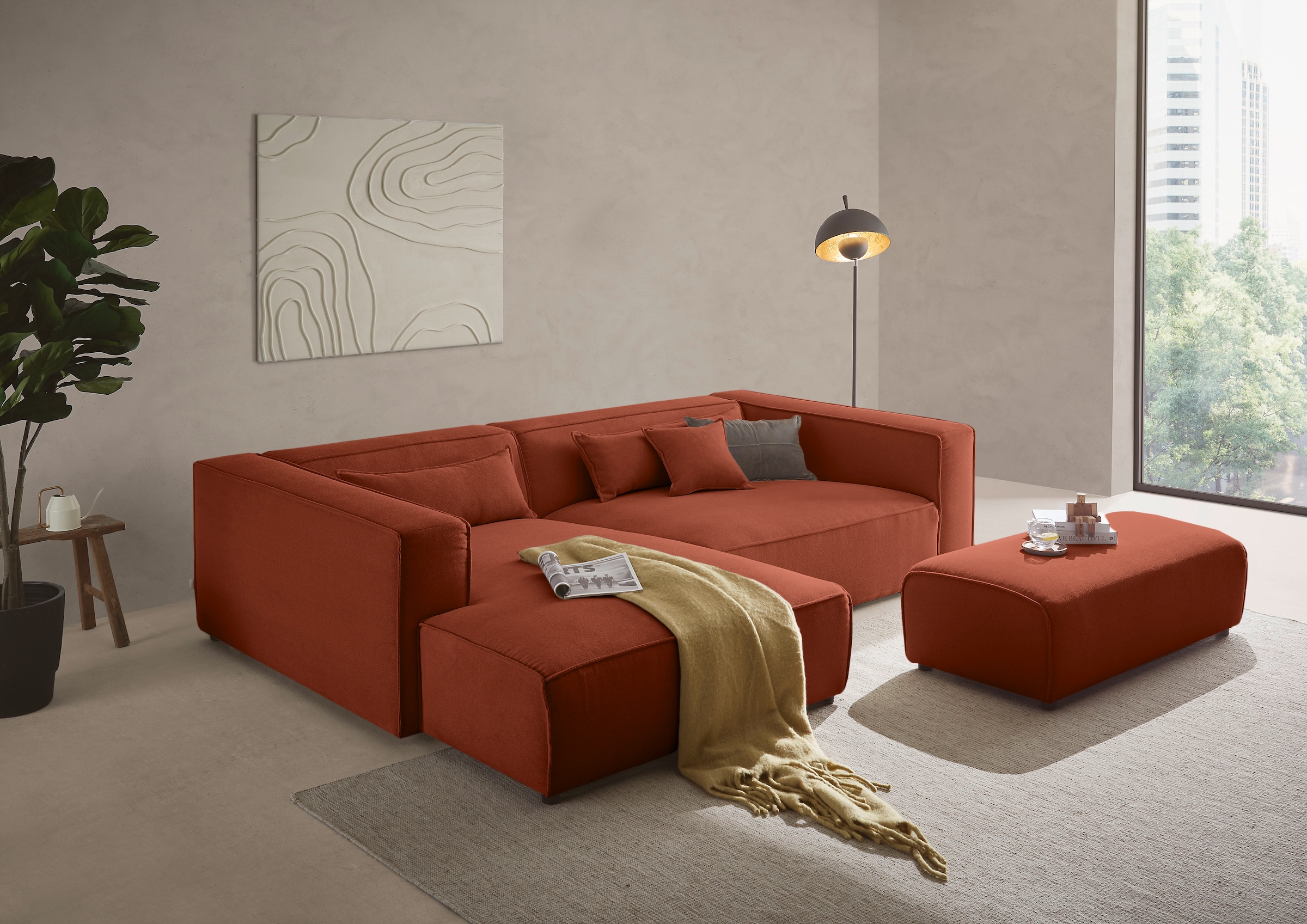 LeGer Home by Lena Gercke Ecksofa "PIARA XXL Struktur u. Leinenoptik, L-Form, Schlaffunktion" Hocker stellbar zum Schlafsofa (Krokodilverbinder), tiefe Sitzfläche