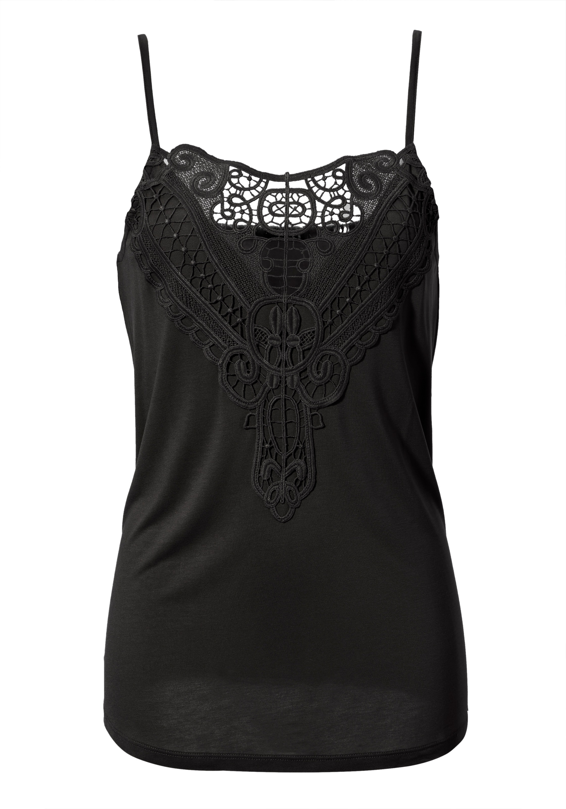Spitzentop ANISTON CASUAL, Damen, Gr. 38, schwarz, Single Jersey, Obermaterial: 100% Viskose. Spitze: 100% Polyester, unifarben, figurumspielend Po-bedeckend, Tops Spitzentop, mit verstellbaren Spaghetti-Trägern 3