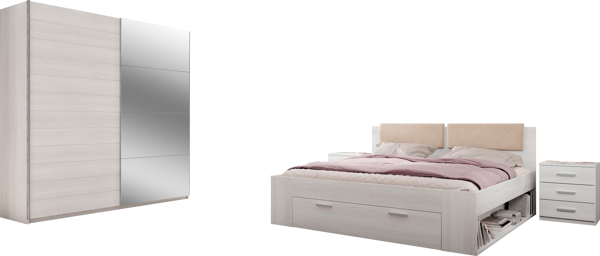 Helvetia Schlafzimmer-Set »Galaxy«, (4 St.), Bett mit gepolsterten Kopfteilen und Stauraumschublade