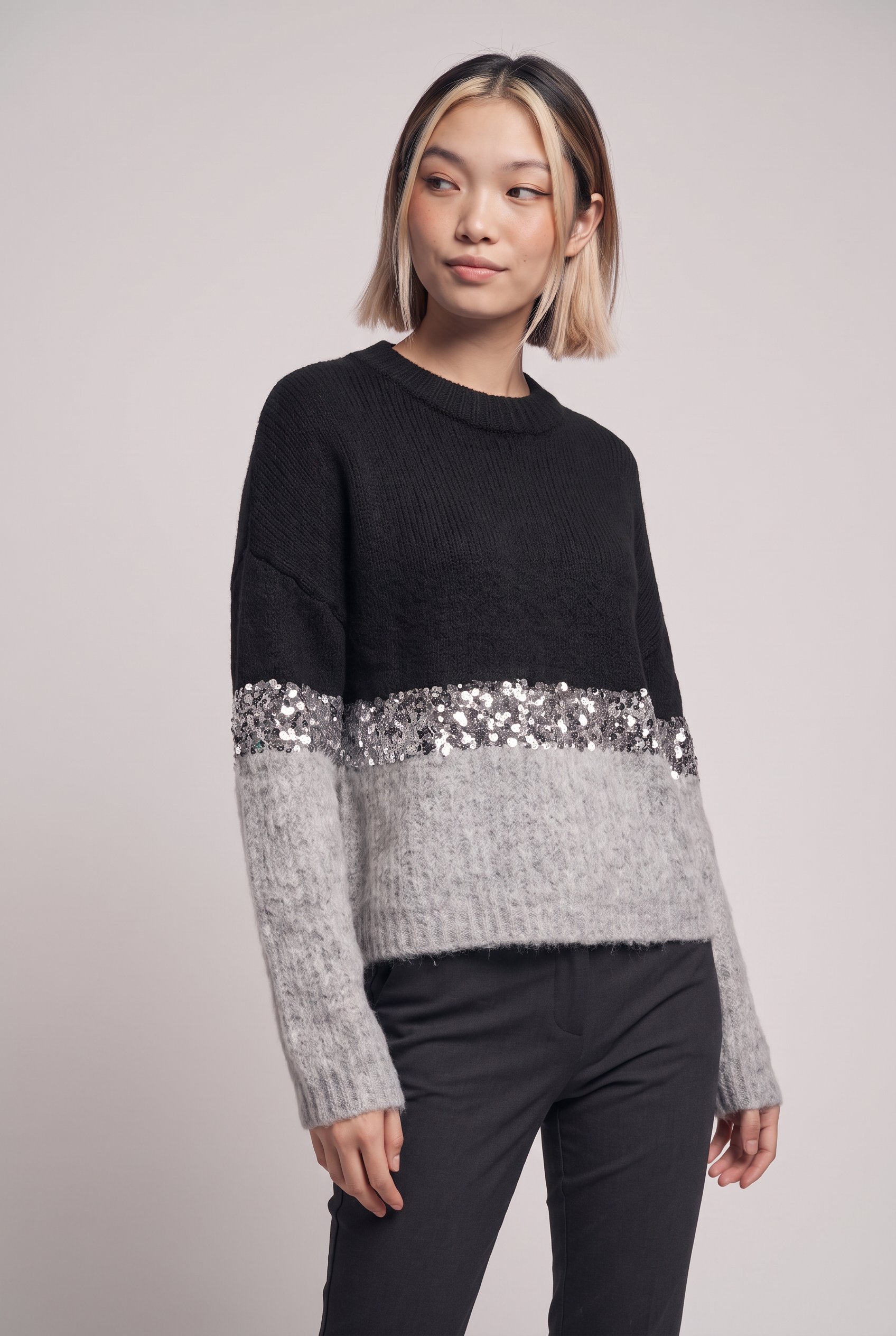 ONLY Rundhalspullover "ONLMAINE LIFE LS SEQUIN BLOCK O-NECK KNT"
