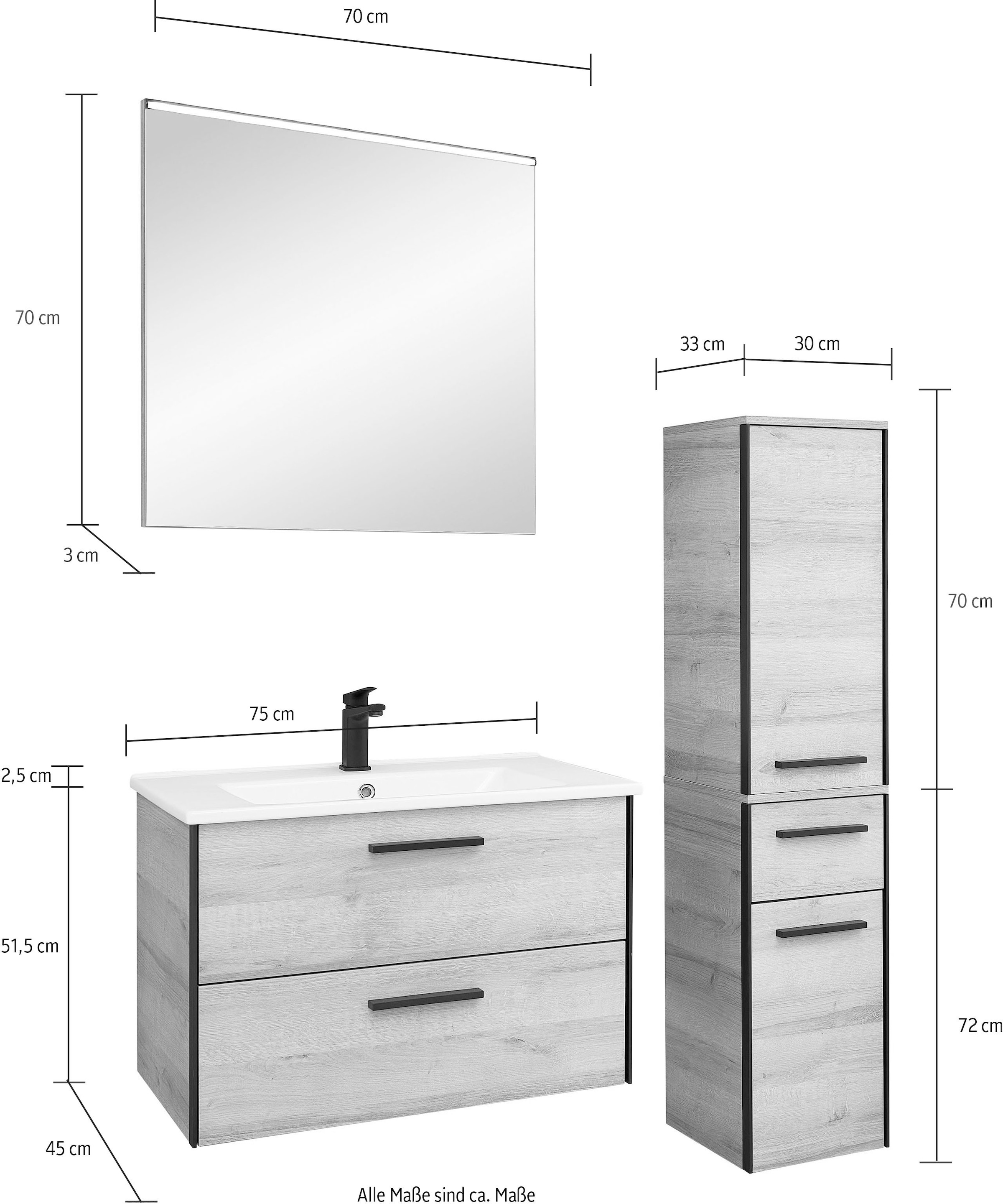 Saphir Badmöbel-Set »Quickset 395 3-teilig, Keramikwaschtisch mit LED-Spiegel«, (5 St.), Midischrank, inkl. Türdämpfer, 2 Türen, 3 Schubladen, Bad-Set
