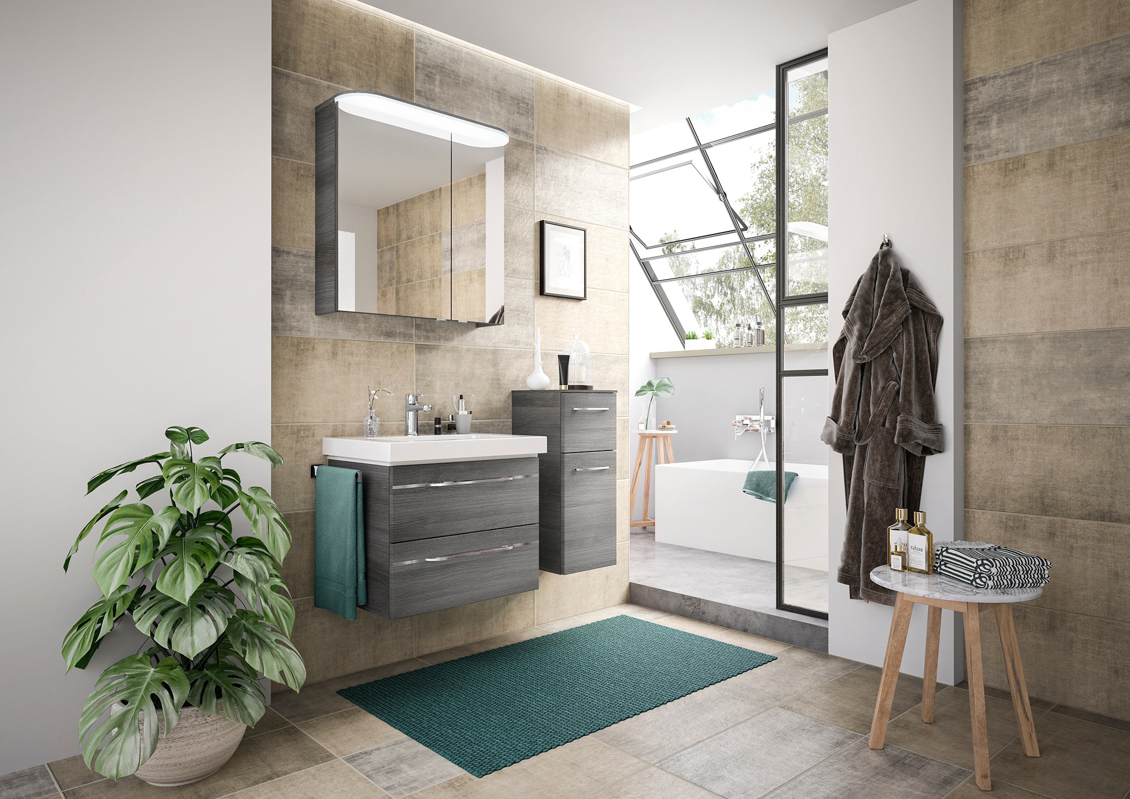 Saphir Badmöbel-Set »Balto Sprint 3-teilig, Mineralmarmor-Waschtisch mit LED-Spiegelschrank«, (4 St.), Badezimmer Set mit Unterschrank inkl Türdämpfer, 3 Türen, 3 Schubladen