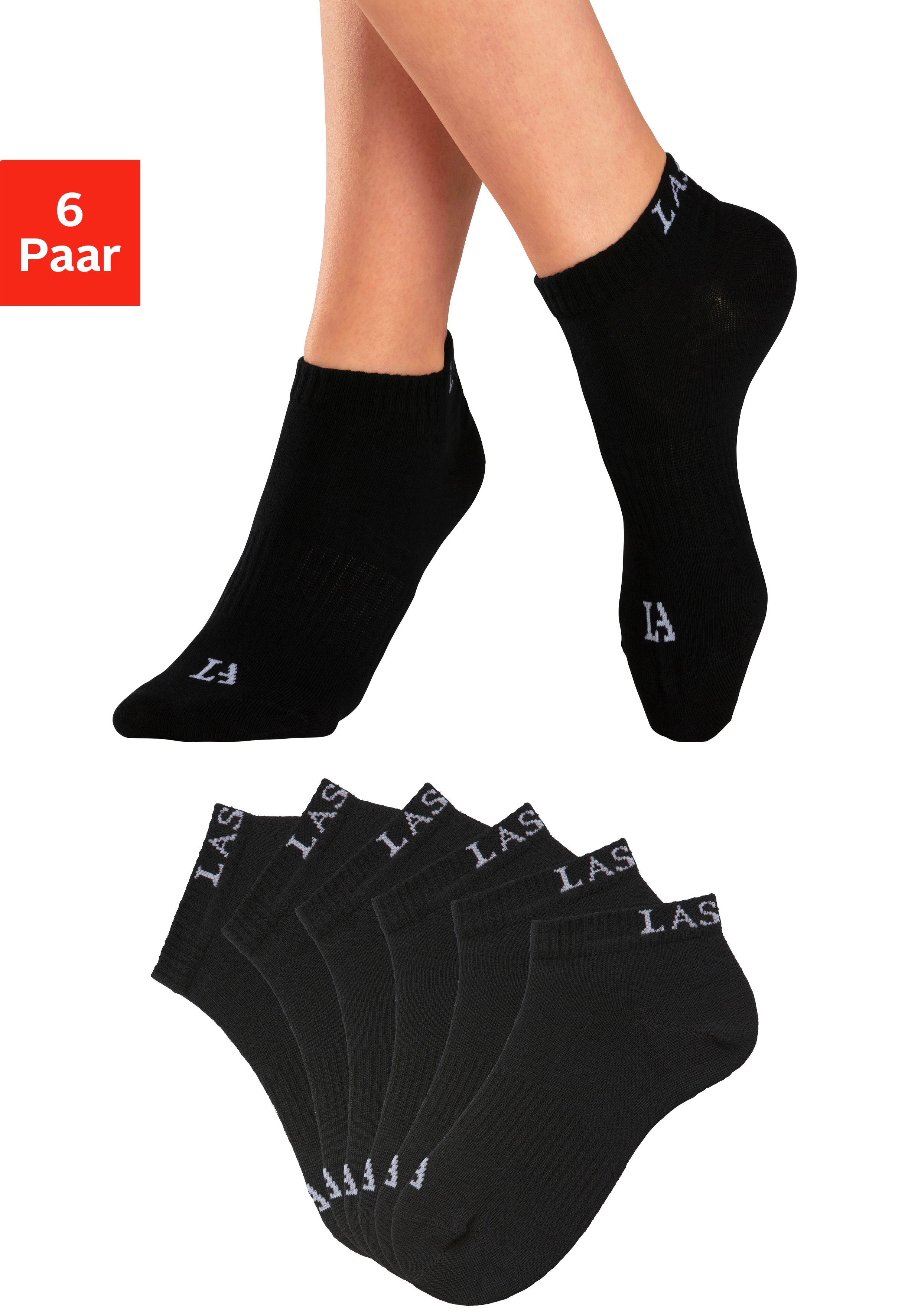 LASCANA ACTIVE Sneakersocken "Damen Sportsocken, Kurzsocken ohne Frottee Laufsocken" Packung, 6 Stk. tlg. mit eingestricktem Marken Logo