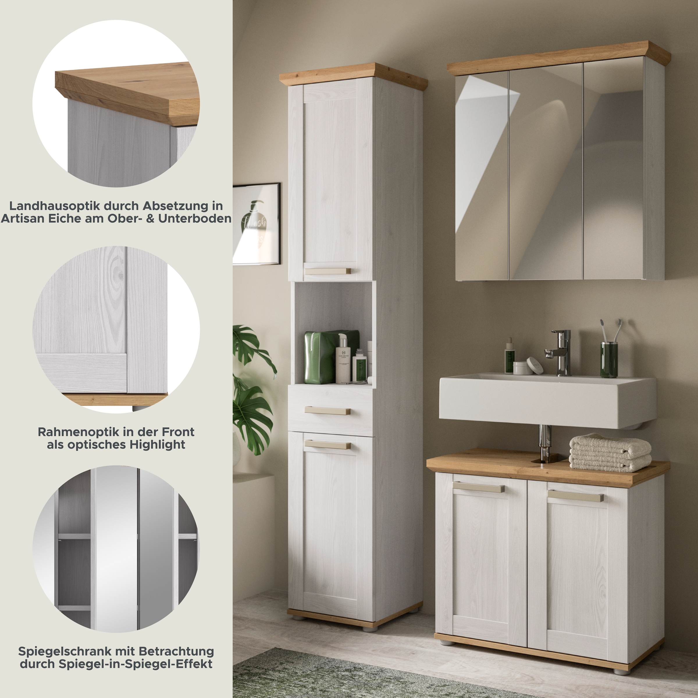 welltime Badmöbel-Set »COSENZA, 3-teilig, in Landhausoptik, mit farblich abgesetztem Kranz« best. aus: Hochschrank, Spiegelschrank und Waschbeckenunterschrank, 3 Stk. tlg.