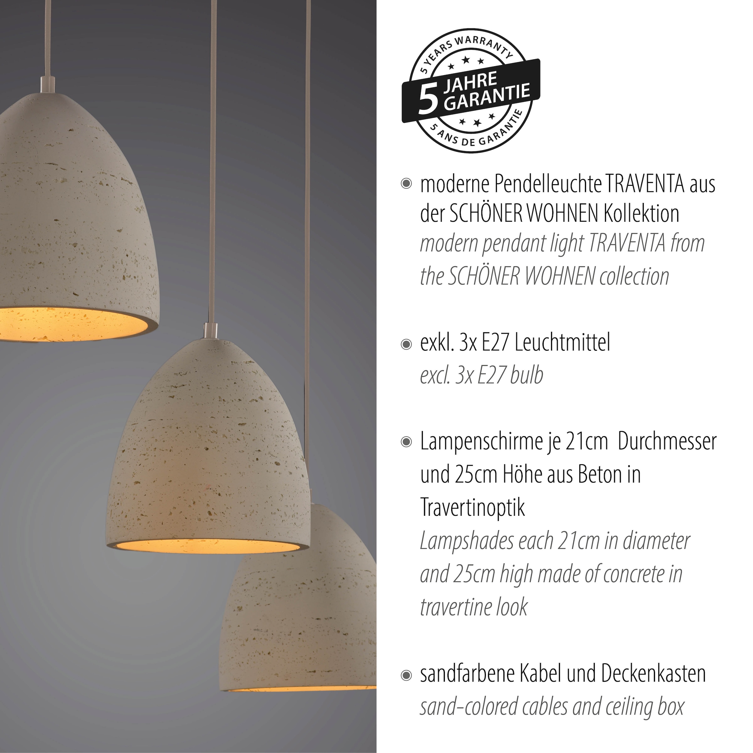 SCHÖNER WOHNEN-Kollektion LED Pendelleuchte »TRAVENTA« E27 1 Stk. SCHÖNER WOHNEN Kollektion, Travertinoptik, Downlight