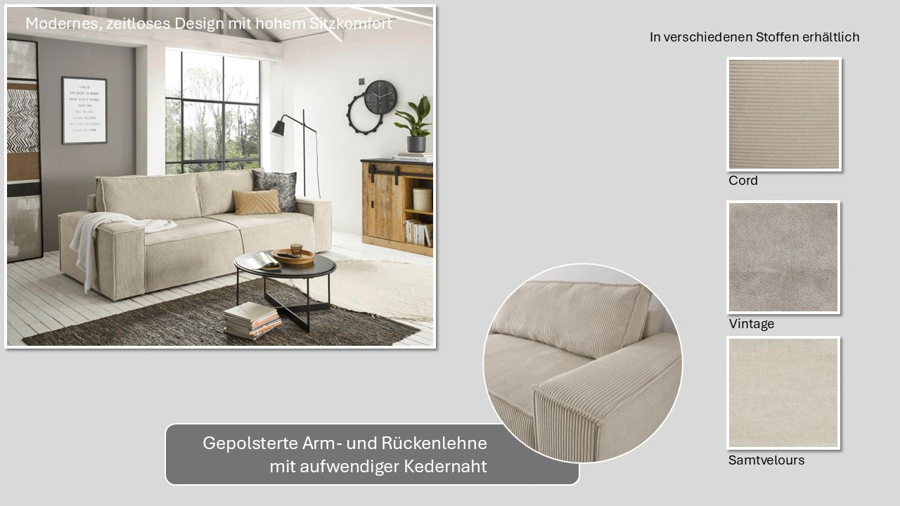 Thumbnail - Home affaire 3-Sitzer "SHERWOOD Schlafsofa (257cm) Cord, Samtvelours, Vintage-Lederoptik" Schlaffunktion mit Bettkasten ...