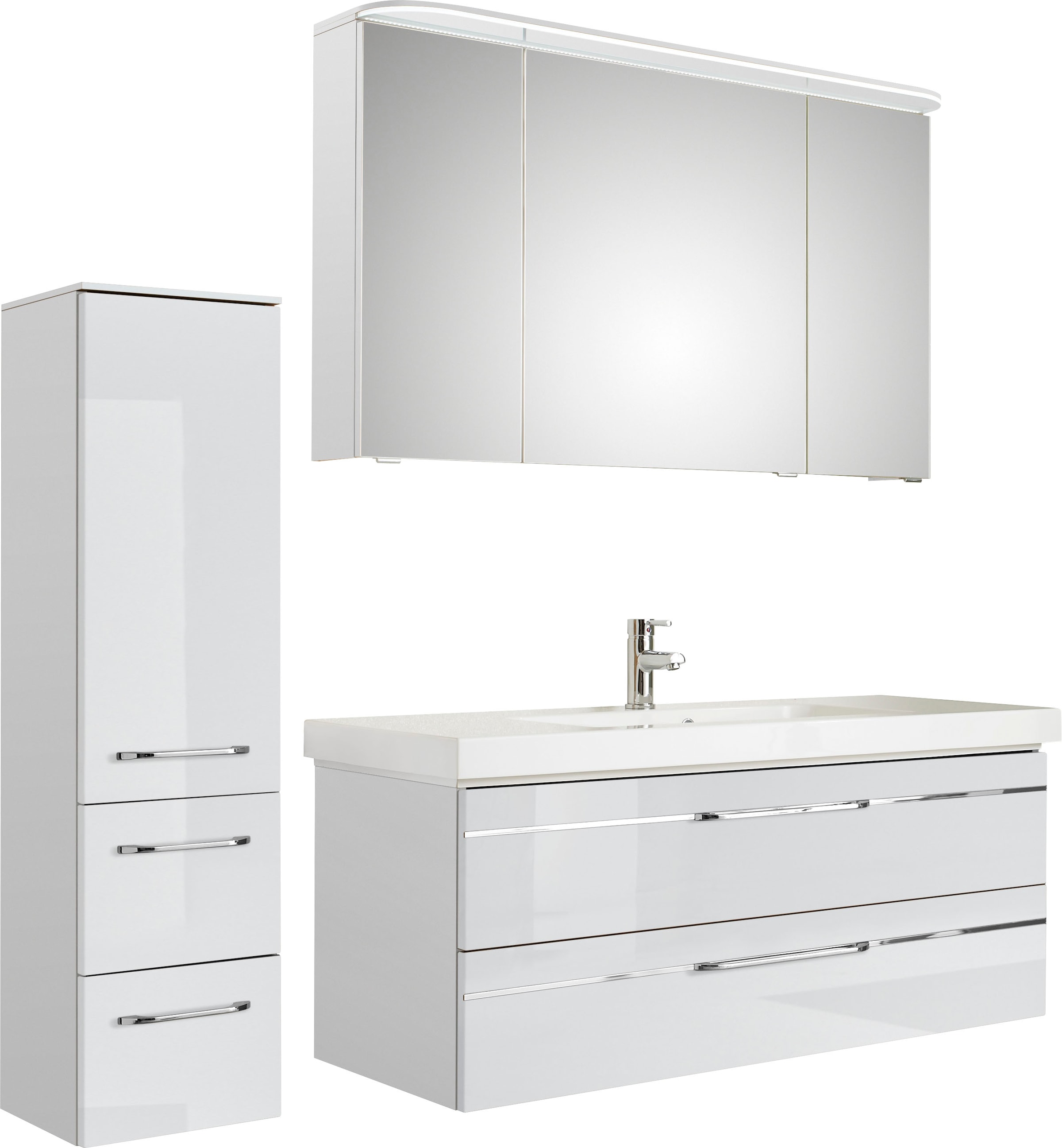 Saphir Badmöbel-Set »Balto Sprint 3-teilig, Mineralmarmor-Waschtisch mit LED-Spiegelschrank«, (4 St.), Badezimmer Set mit Midischrank inkl Türdämpfer, 4 Türen, 4 Schubladen