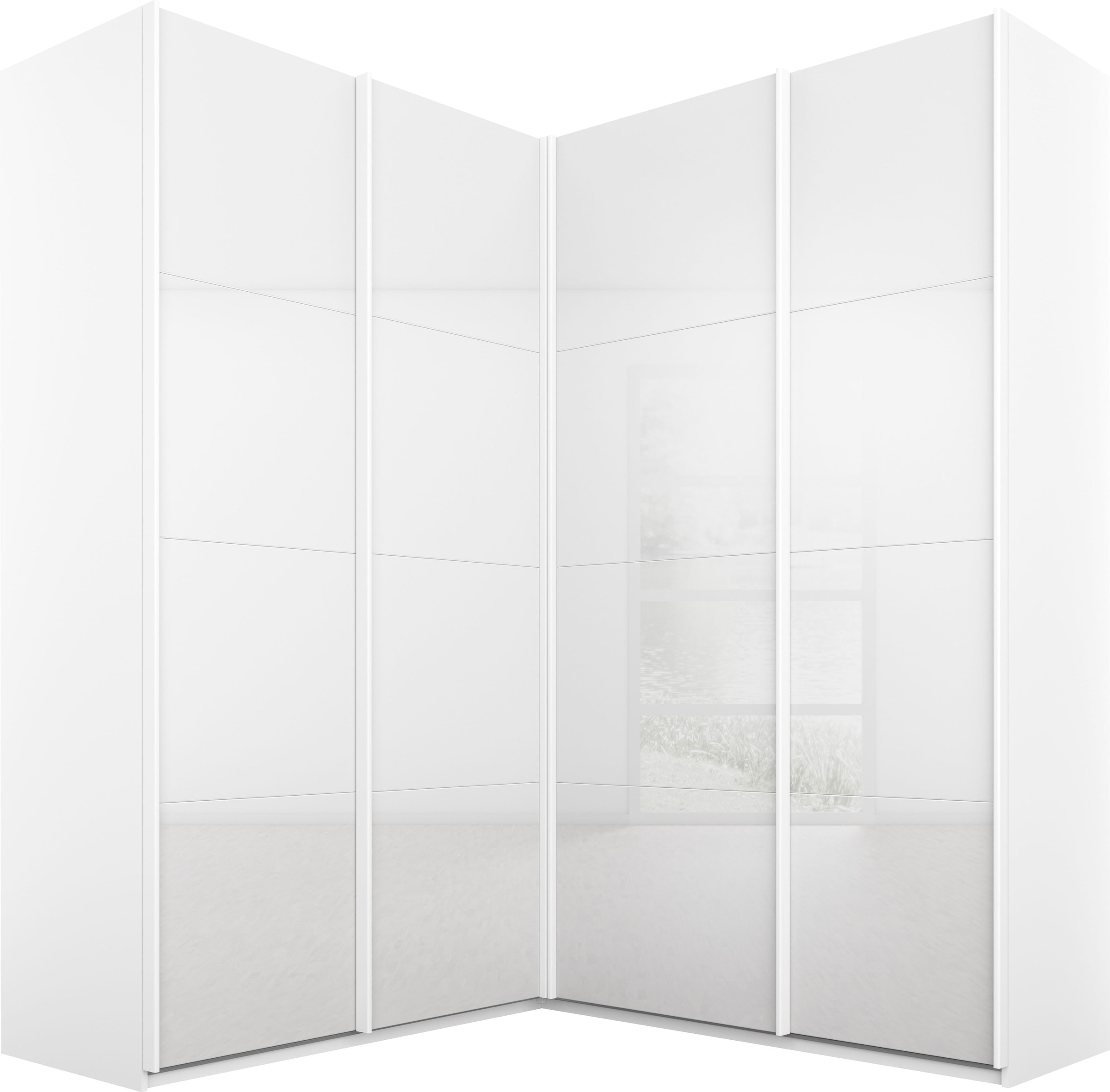 rauch Schwebetürenschrank "Kleiderschrank Garderobe Eckkleiderschrank QUADRA mit edler Glasfront" in den Höhen 210/229 cm, inkl. Soft-Close-Funktion, großer Eckschrank mit viel Stauraum, Maß 181x187 cm MADE IN GERMANY