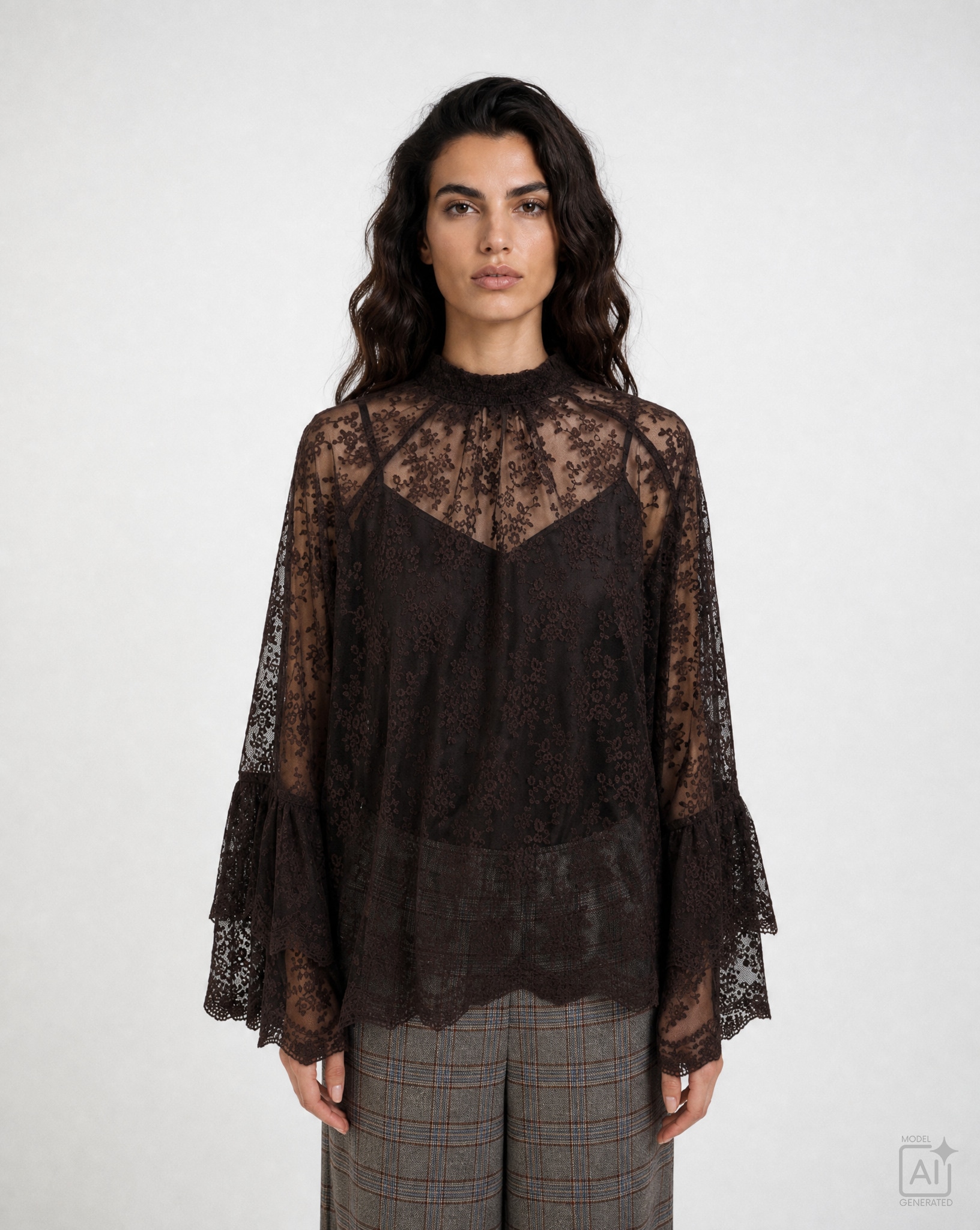 MILANO ITALY Damen Langarmbluse, braun, Gr. 44, unifarben, Web, Material: 50% Baumwolle, 50% Polyester, Blusen, und transparenter Spitze