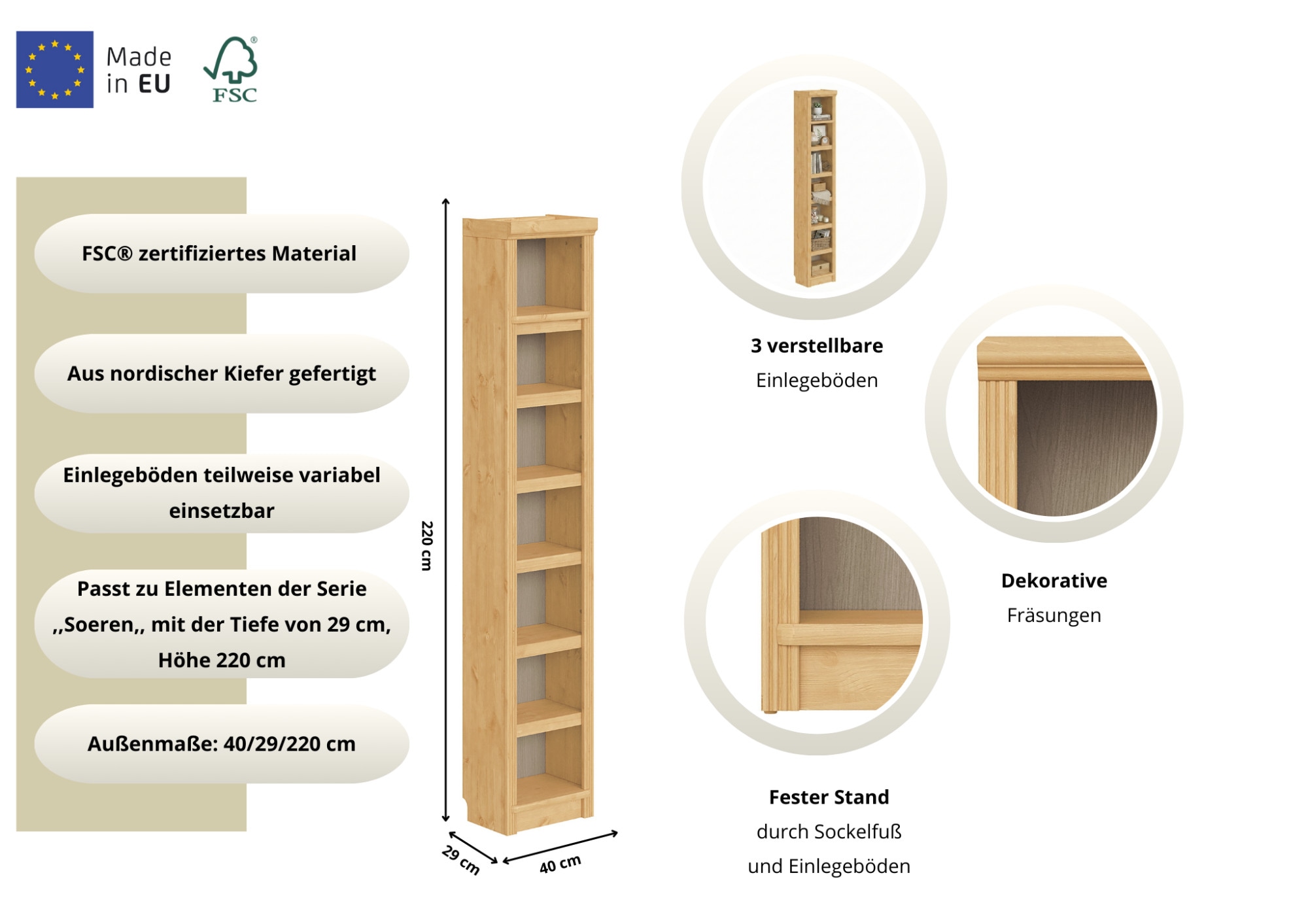 OTTO home Bücherregal »Soeren« aus massiver Kiefer, Tiefe 29 cm, Höhe 220 cm,  FSC®
