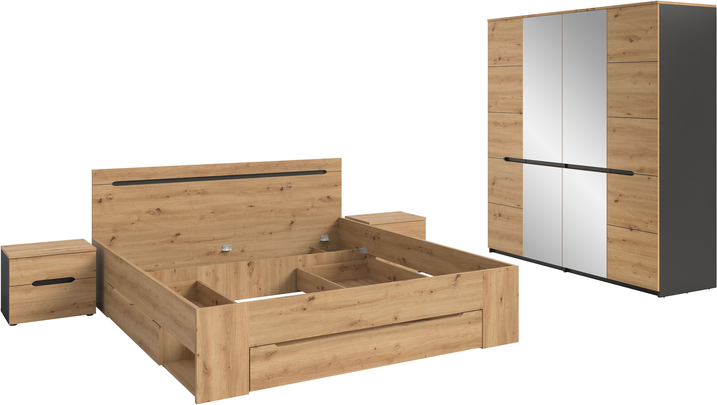 Home affaire Schlafzimmer-Set »REHAT, 4-teilig, best. aus: Bett, Kleiderschrank & 2x Nachtkommode« TOPSELLER!, für Matratzengröße 140x200 cm, viel Stauraum, 4 Stk. tlg. Rehat, Schlafzimmerset, Bett 180x200 cm, Nachttisch, Kleiderschrank