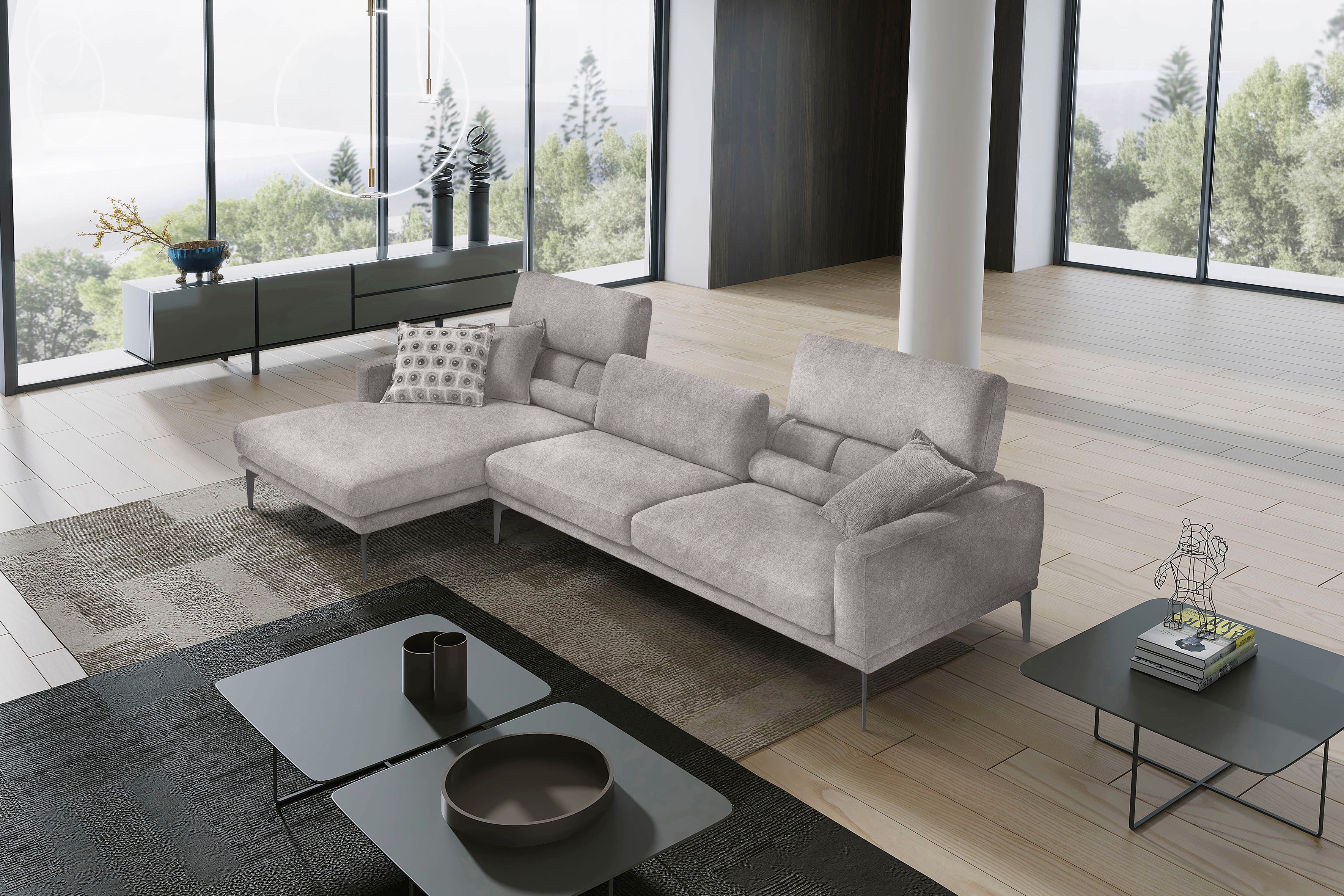 Egoitaliano Ecksofa "Masu, Design trifft sensationellen Sitzkomfort, Breite 277cm, L-Form" inkl. 2 Kissenrollen, Rückenelemente manuell verstellbar, Metallfüße