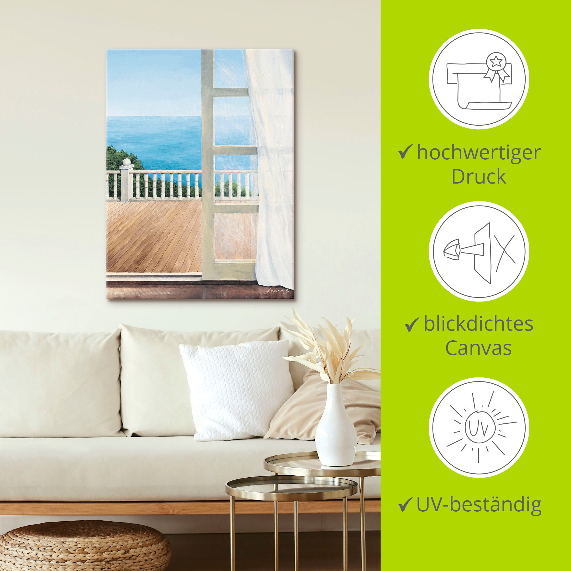 Artland Poster »Veranda mit Meerblick«, Fensterblick, (1 St.), auf Keilrahmen gespannt